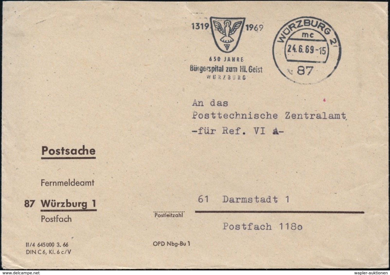 1969 (24.6.) 87 WÜRZBURG 2, Maschinen-Werbestempel Spital Zum Hl. Geist = Wappen Mit Heiligem Geist (= Taube), Postduien - Other & Unclassified