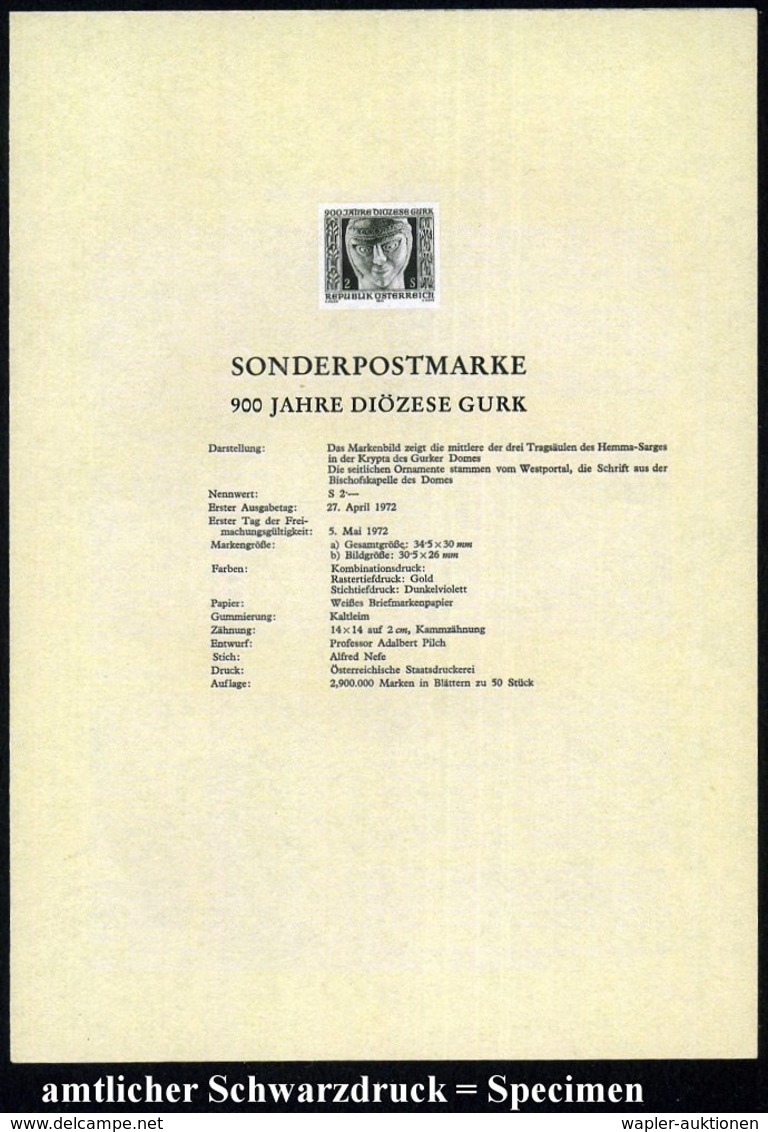 1972 ÖSTERREICH, 2 S. "900 Jahre Diözese Gurk", Ungez. Schwarzdruck (= Detail Der Säule Des Hemma-Sarges) Auf Amtl. Ankü - Other & Unclassified