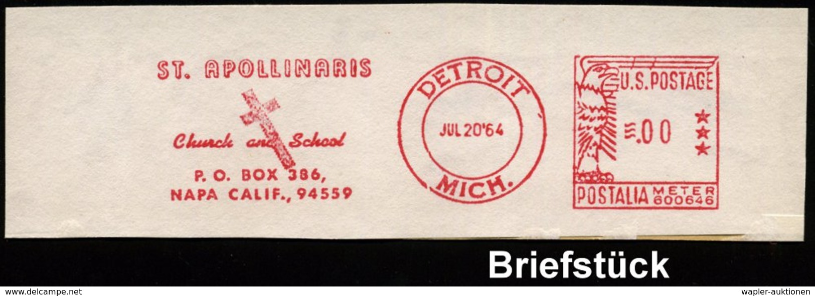 1964 USA, Absender-Freistempel Pitney-Bowes (Musterabdruck): Detroit, Mich. ST. APOLLINARIS Church And School.. (Kreuz), - Other & Unclassified