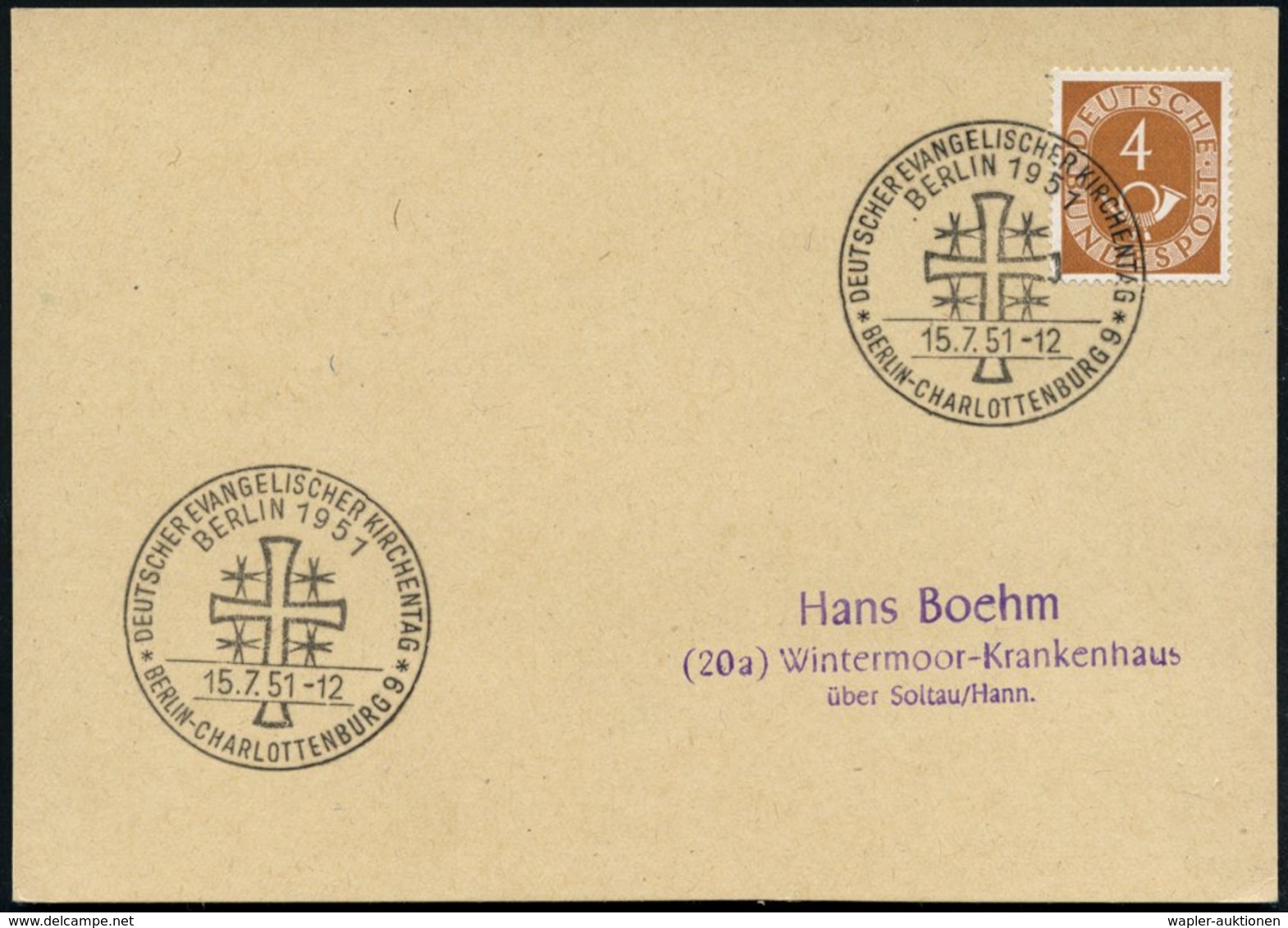 1951 (15.7.) BERLIN-CHARLOTTENBURG 9, Sonderstempel Evangel. Kirchentag (Jerusalem-Kreuz), Inl.-Karte (Bo.498) - Kirchen - Other & Unclassified