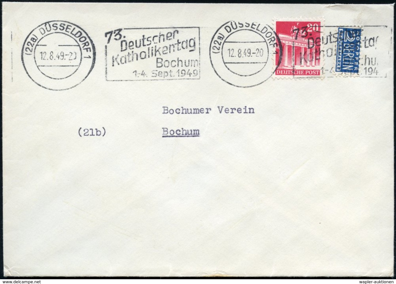 1949 (21 B) BOCHUM, Band-Maschinen-Werbestempel: 73. Deutsche Katholikentag, Bedarfsbrief (S 498 Bd., Nur In 2 Orten Ver - Other & Unclassified