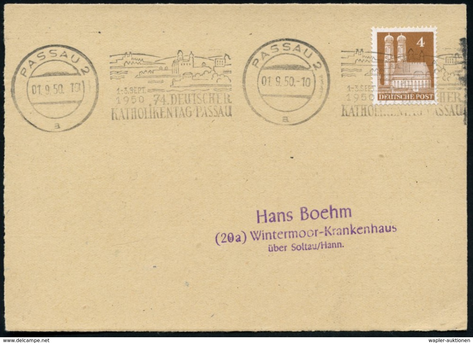 1950 (1.9.) PASSAU 2, Band-Maschinen-Werbestempel: 74. DEUTSCHER KATHOLIKENTAG, Inl.-Karte (Bo.10 Bd. II) - Kirchentage  - Other & Unclassified