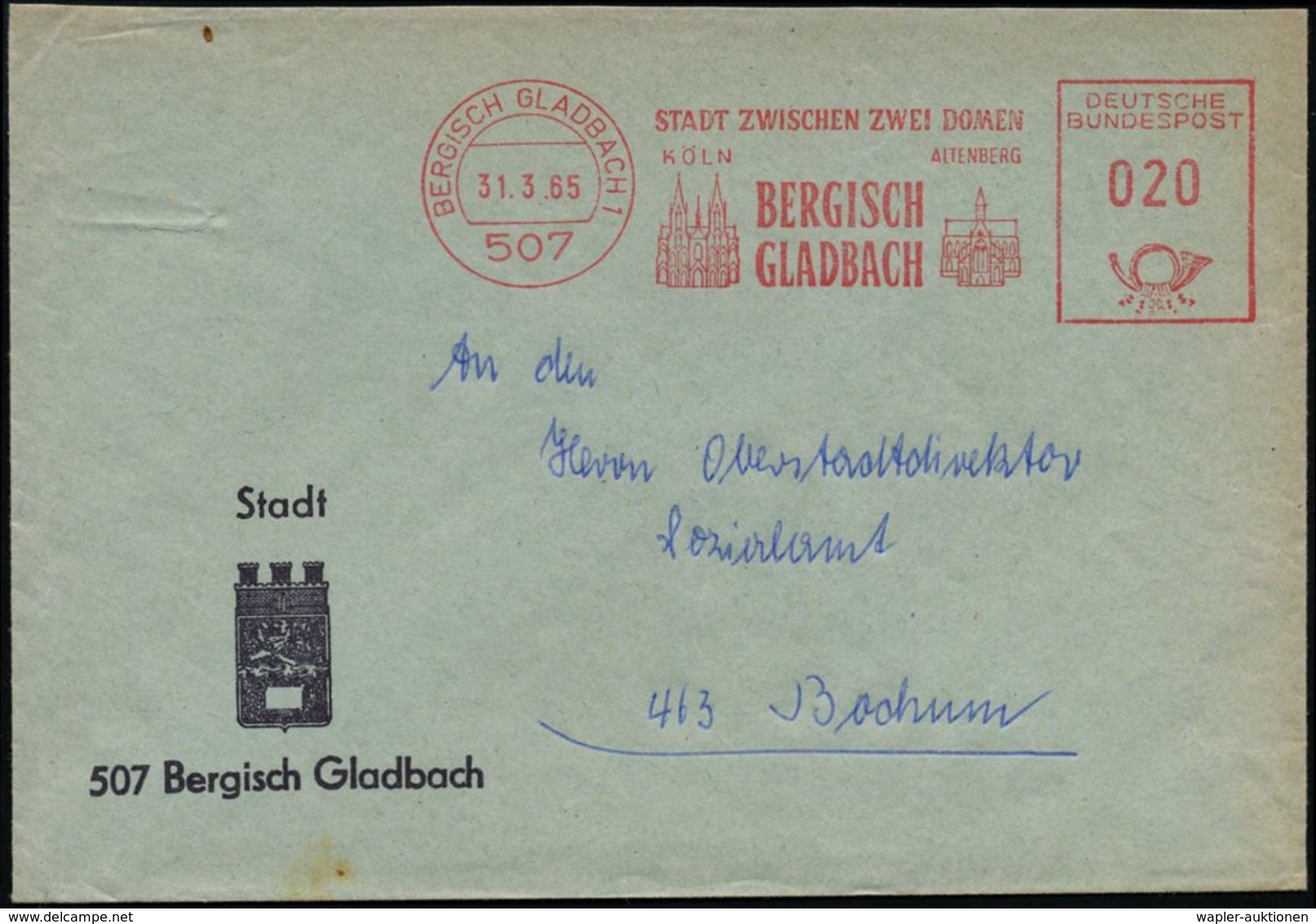 1965 (31.3.) 507 BERGISCH GLADBACH, Kommunaler Absender-Freistempel Mit Domen Köln U. Altenberg, Kommunalbrief - Sakralb - Other & Unclassified