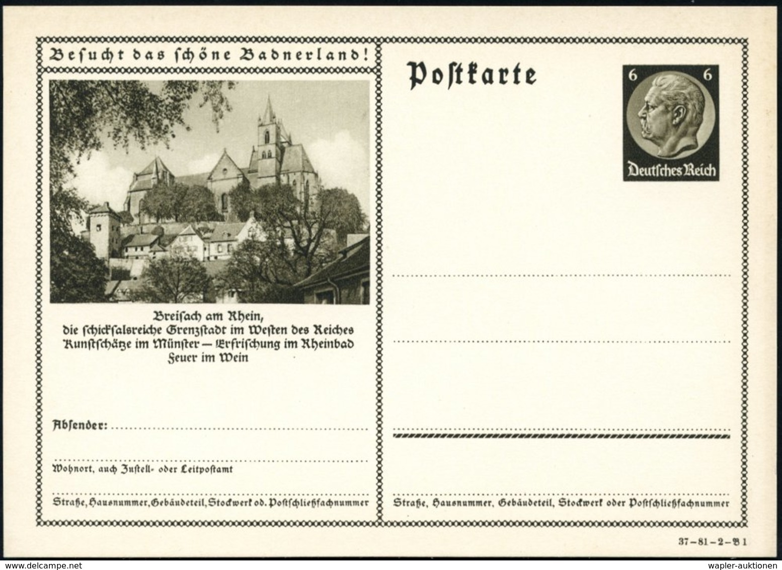 1937 BREISACH, 6 Pf. Bildganzsache Hindenbg. "Besucht Das Schöne Badnerland!" (= Sonderform): Breisacher Münster, Ungebr - Other & Unclassified