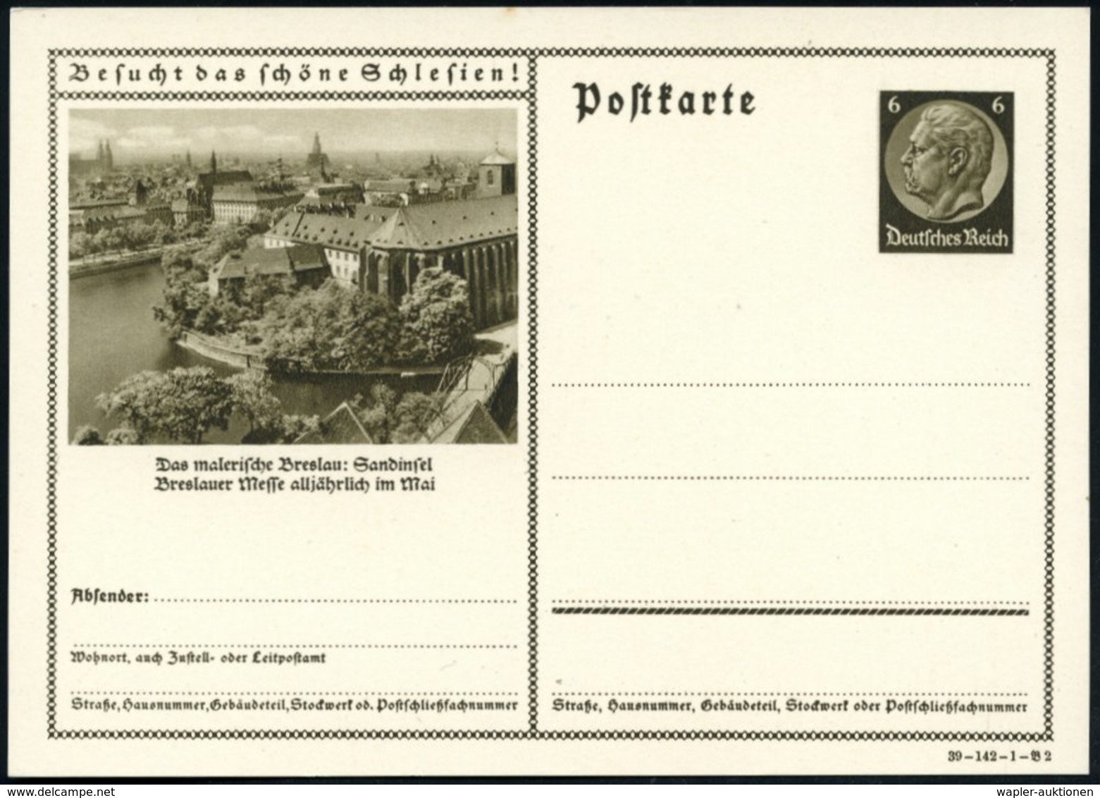 1939 BRESLAU, 6 Pf. Bildganzsache Hindenbg. "Besucht Das Schöne Schlesien!" (= Sonderform): Sandinsel Mit Stiftskirche H - Other & Unclassified