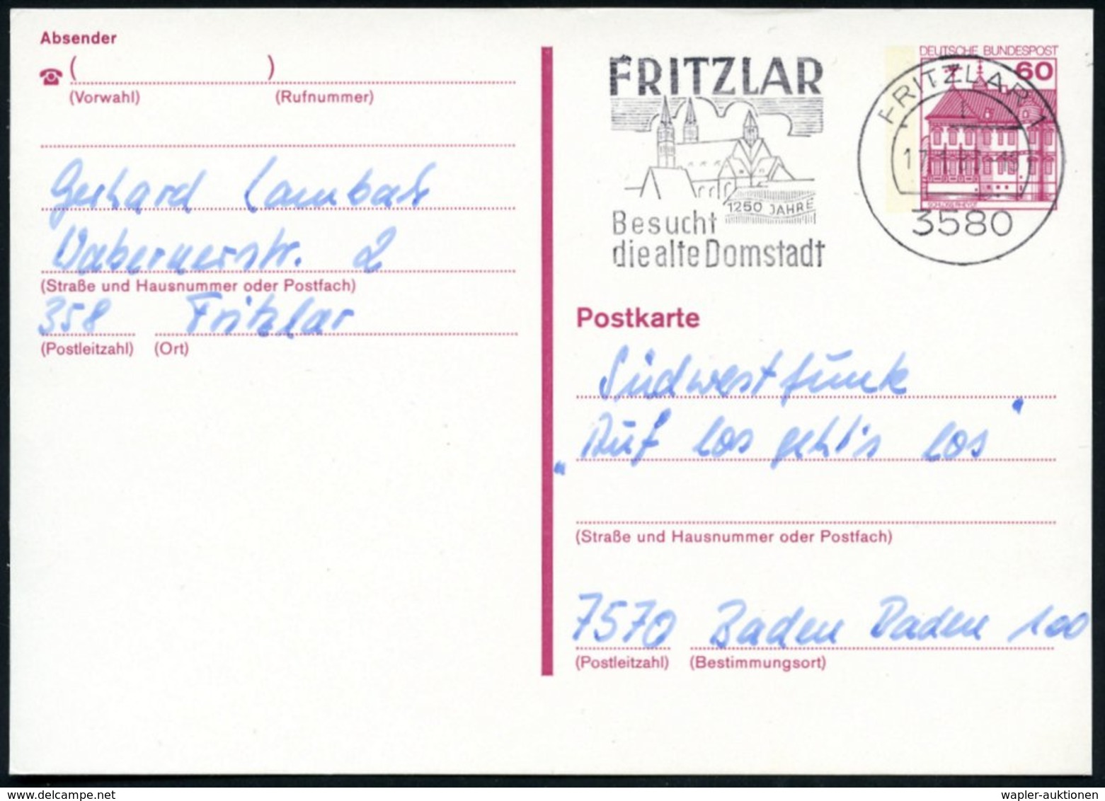 1979/83 358 FRITZLAR 1, Maschinen-Werbestempel 1250 Jahre.. Domstadt Mit Dreistelliger Bzw. Vierstelliger PLZ (je Dom),  - Other & Unclassified