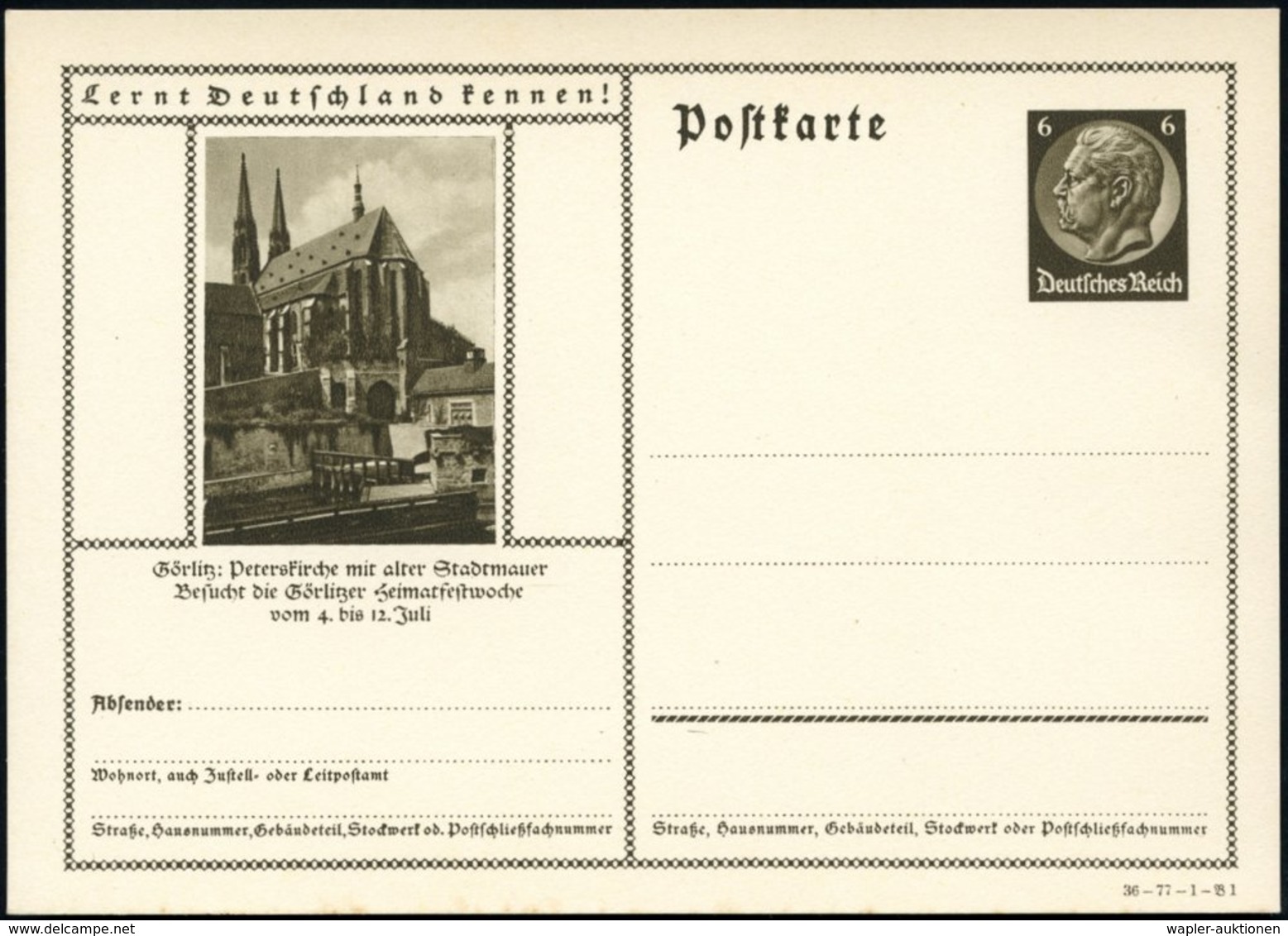 1936 GÖRLITZ, 6 Pf. Bildganzsache Hindenbg.: Peterskirche, Ungebr. (Mi.P 236-36-77-1-Bild 1) - Sakralbauwerke, Dome & Ki - Other & Unclassified