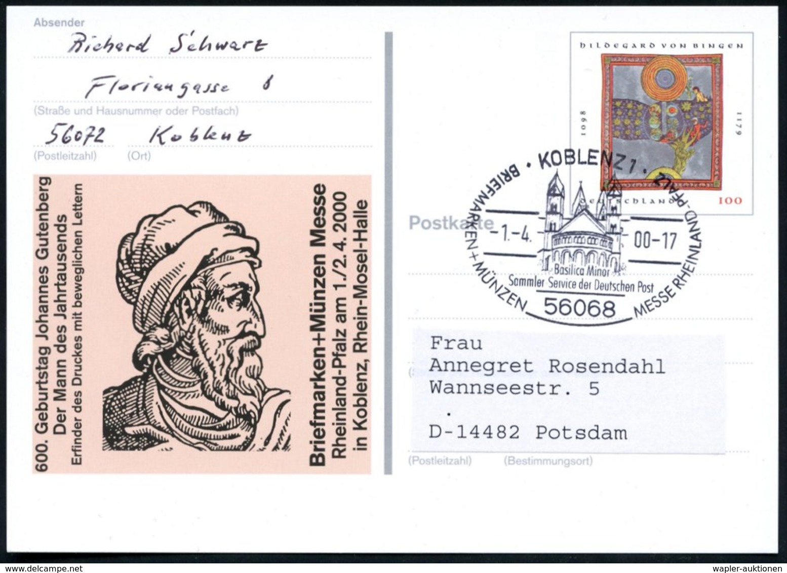 2000 (1.4.) 56068 KOBLENZ !; Sonderstempel Basilika Minor Auf Sonderganzsache 100 Pf. "600 Geburtatag Joh. Gutenberg", I - Other & Unclassified