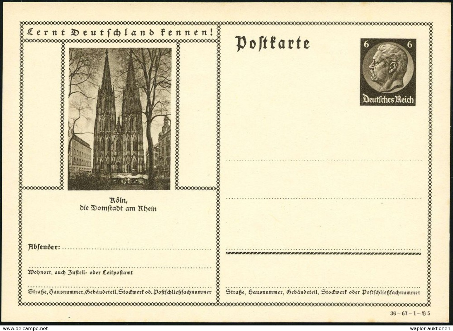 1936 KÖLN, 6 Pf. Bildganzsache Hindenbg.: Dom = UNESCO-Weltkulturerbe), Ungebr. (Mi.P 236/36-67-1-Bild 5) - Sakralbauwer - Other & Unclassified