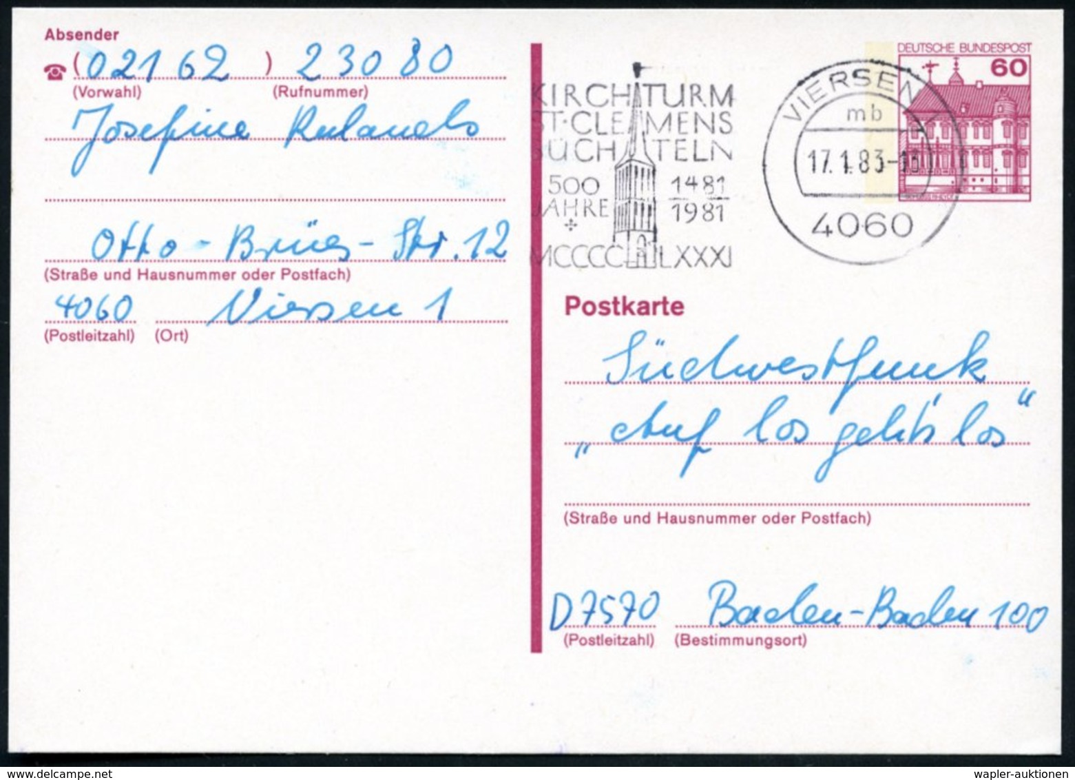 1983 (17.1.) 4060 VIERSEN 1, Maschinen-Werbestempel 500 Jahre Kirchturm "St. Clemens", Bedarfskarte (Bo.19 A) - Sakralba - Other & Unclassified