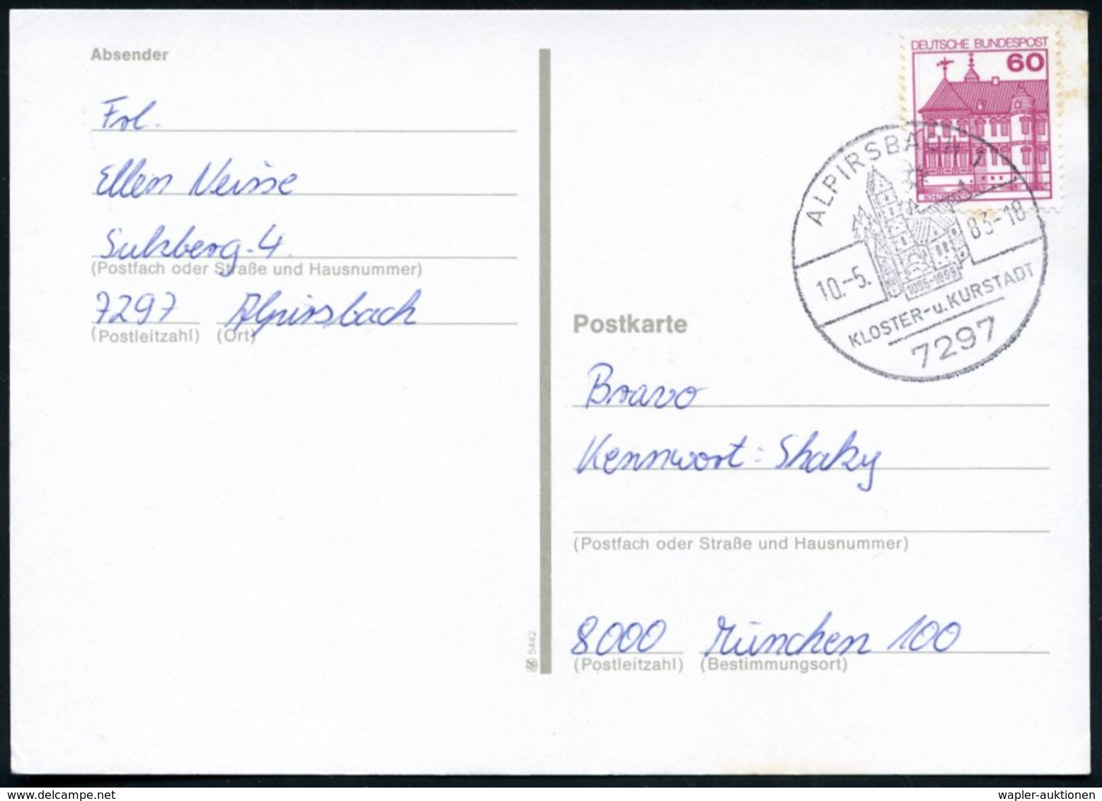 1983 (10.5.) 7297 ALPIRSBACH, Handwerbestempel Kloster- U. Kurstadt (Klosterkirche), Bedarfskarte (Bo.5) - Klöster & Abt - Autres & Non Classés