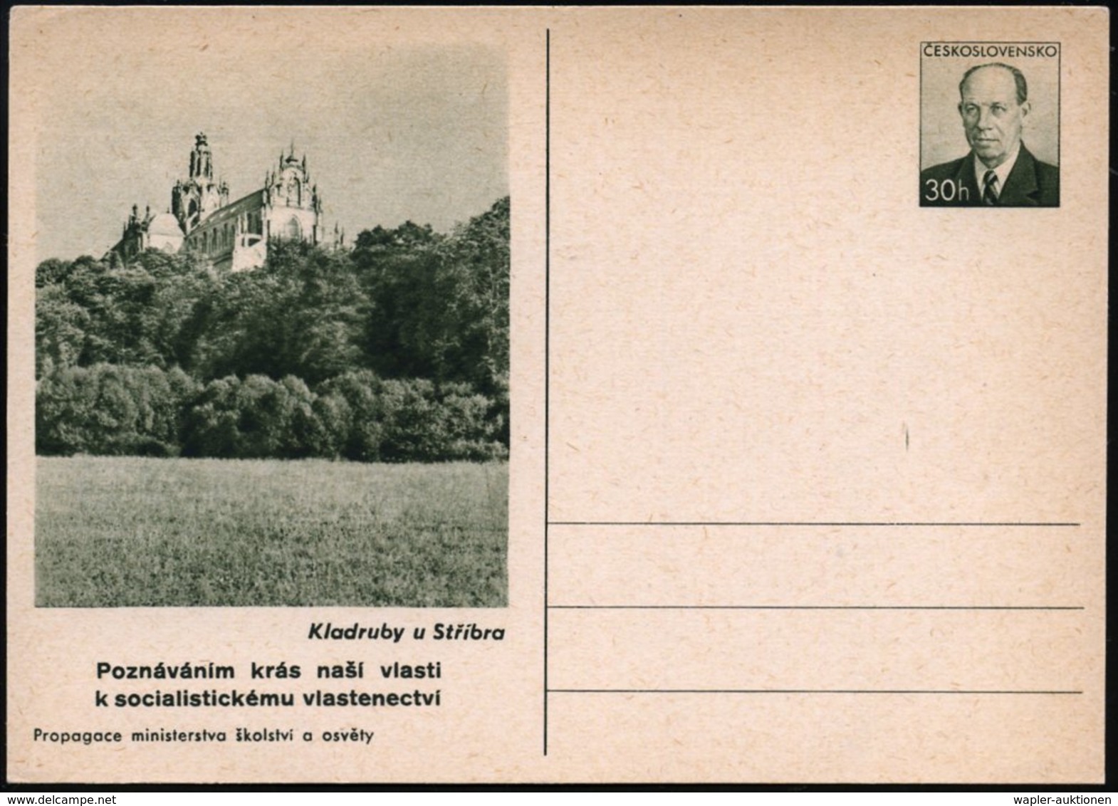 1953 TSCHECHOSLOWAKEI, 30 H. Bildganzsache Zapotocky: Kladruby (Kladrau) Bebediktiner-Kloster (gegr. 1115) Mit Basilika, - Sonstige & Ohne Zuordnung