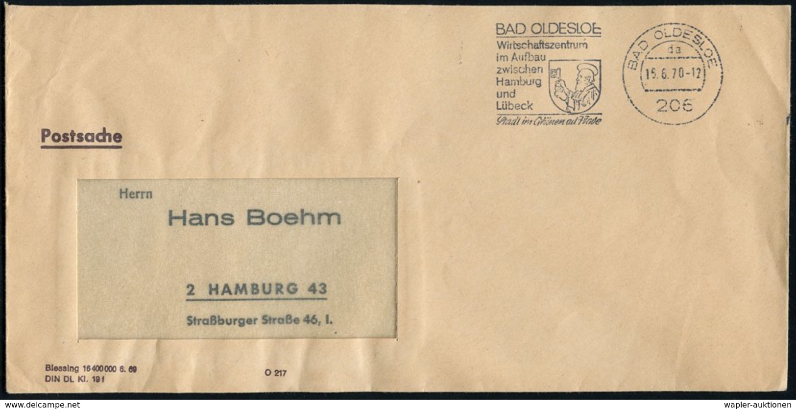 1970 206 BAD OLDESLOE, Maschinen-Werbestempel Mit St. Petrus U. Schlüssel (Wappen), Markenloser Postdienstbrief (Bo.4 A  - Sonstige & Ohne Zuordnung