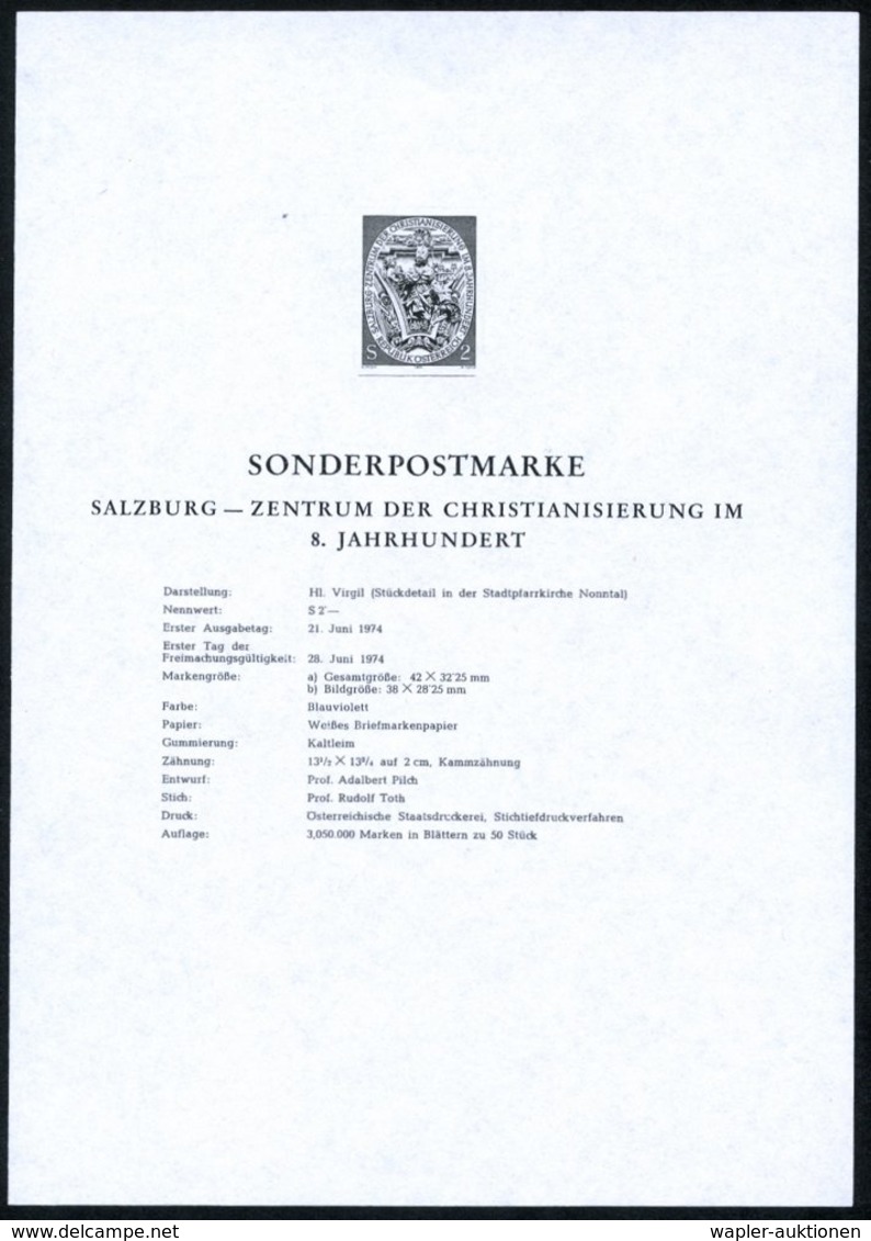 1974 ÖSTERREICH, 2 S. Salzburg - Zentrum Der Christianisierung Im 8. Jahrhundert = Hl. Virgil, Ungez. Schwarzdruck Auf A - Other & Unclassified