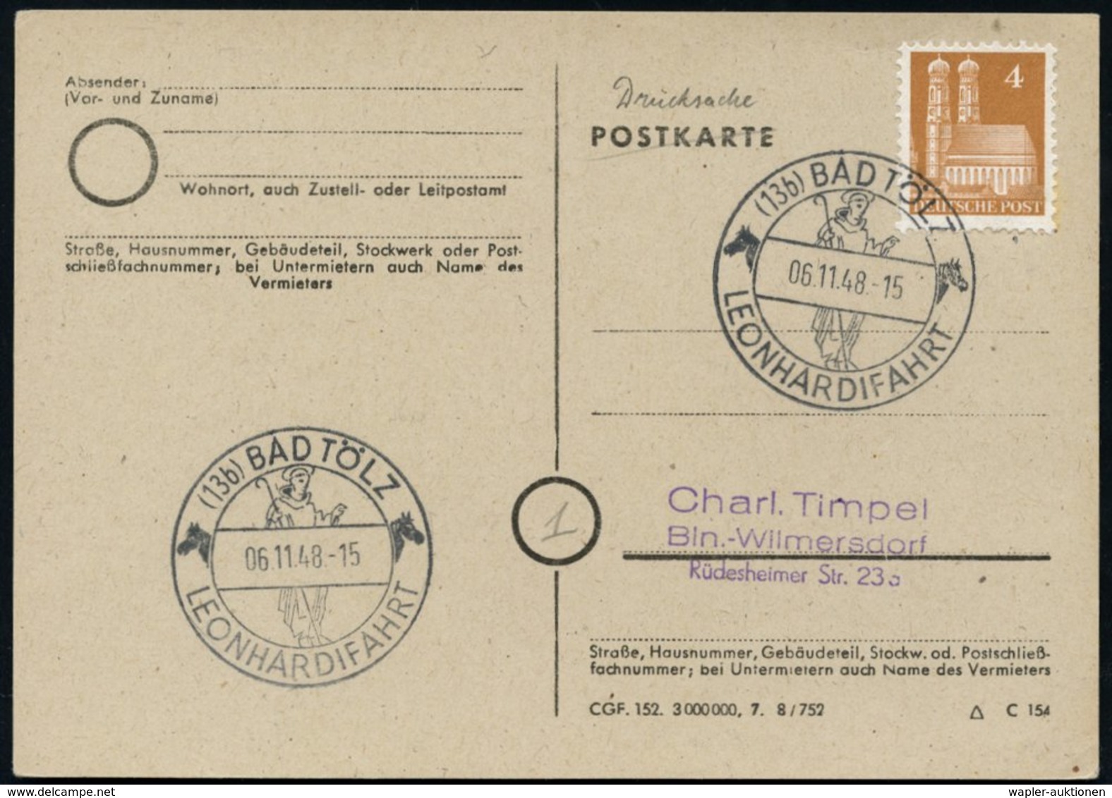 1948 (6.11.) (13 B) BAD TÖLZ, Sonderstempel LEONHARDIFAHRT = Hl. Leonhard + 2 Pferdköpfe (St. Leonhard V. Limoges, Patro - Other & Unclassified