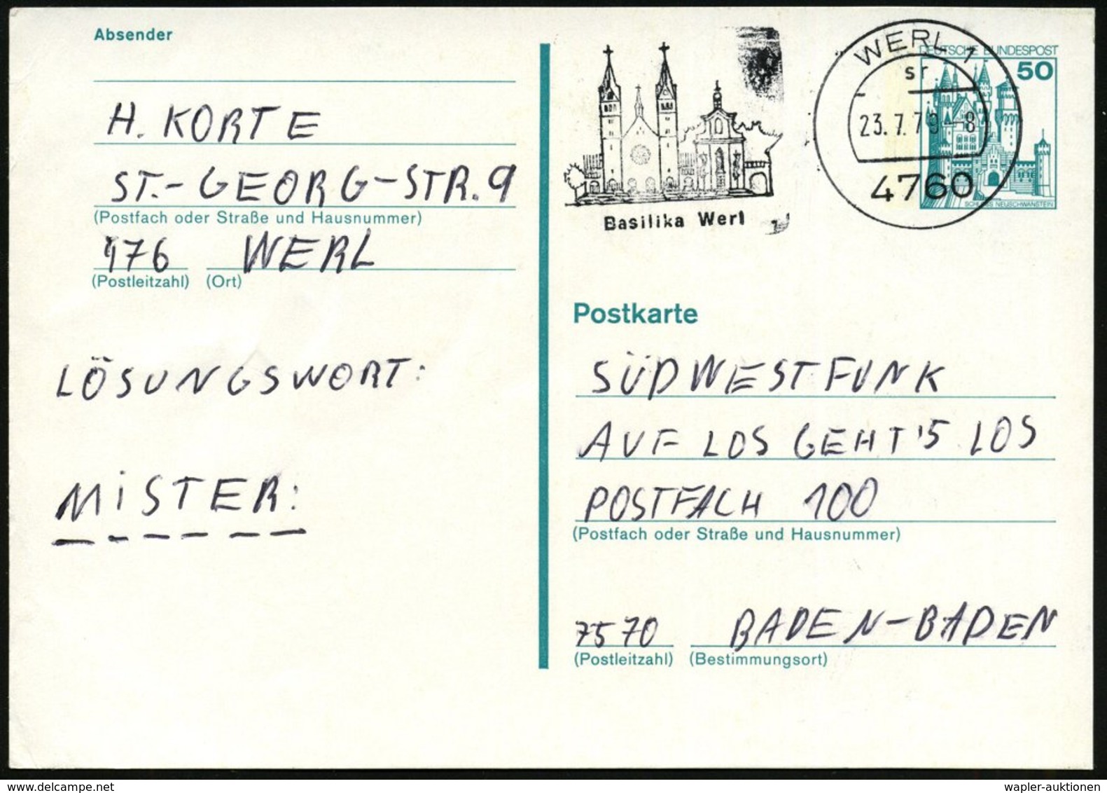 1979 4760 WERL 1, Maschinen-Werbestempel Marien-Wallfahrtskirche, Bedarfskarte (Bo.15 A I = UB "sr") - Wallfahrt & Pilge - Other & Unclassified
