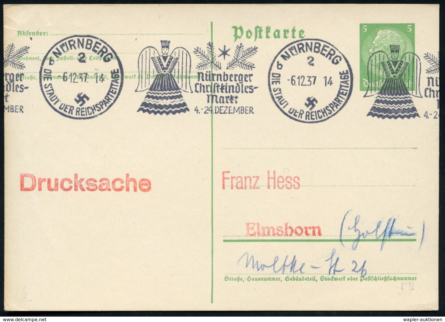 1937 (6.12.) NÜRNBERG 2, Band-Maschinen-Werbestempel Christkindles-Markt (Rauschgoldengel), Inl.-Karte (Bo.54 Bd. II) -  - Altri & Non Classificati