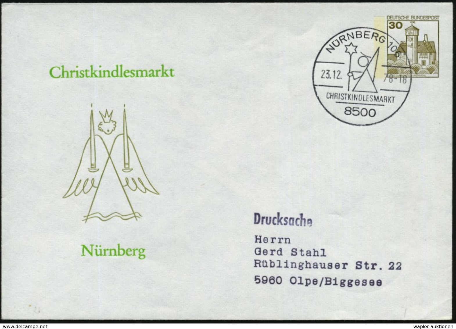 1978 (23.12.) 8500 NÜRNBERG 106, Sonderstempel Christkindles-Markt (Engel) Auf Passendem PU 30 Pf. Burgen: Christkindles - Sonstige & Ohne Zuordnung