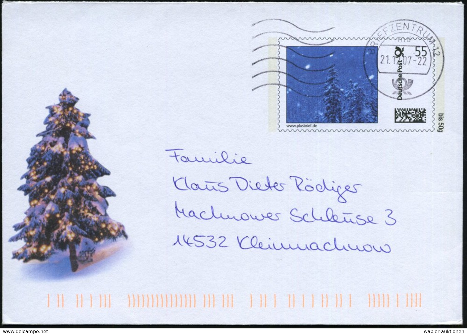 2007 (21.12.) BRD, 55 C. Sondergnazsachen-Umschlag "Plusbrief Weihnachten" (Christbaum) , Bedarfsbrief - Weihnachten / C - Other & Unclassified