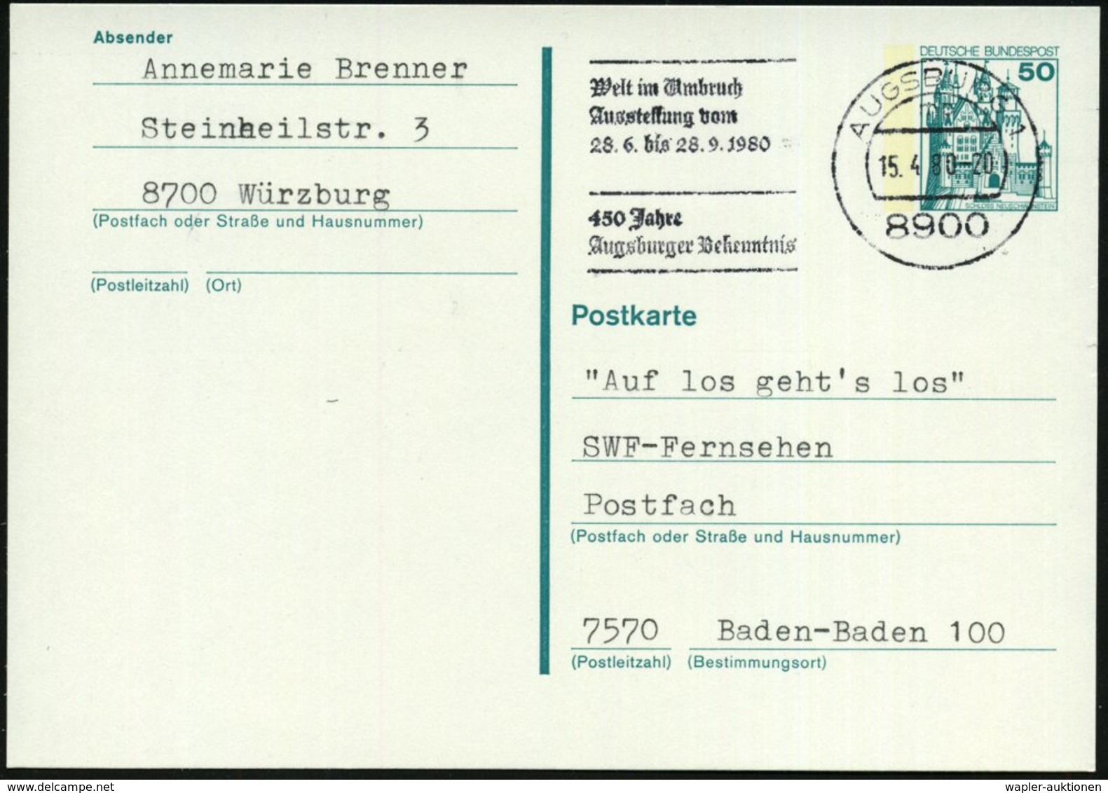 1980 8900 AUGSBURG 1, Maschinen-Werbestempel "450 Jahre Augsburger Bekenntnis", Bedarfskarte (Bo.121 A) - Martin Luther  - Other & Unclassified