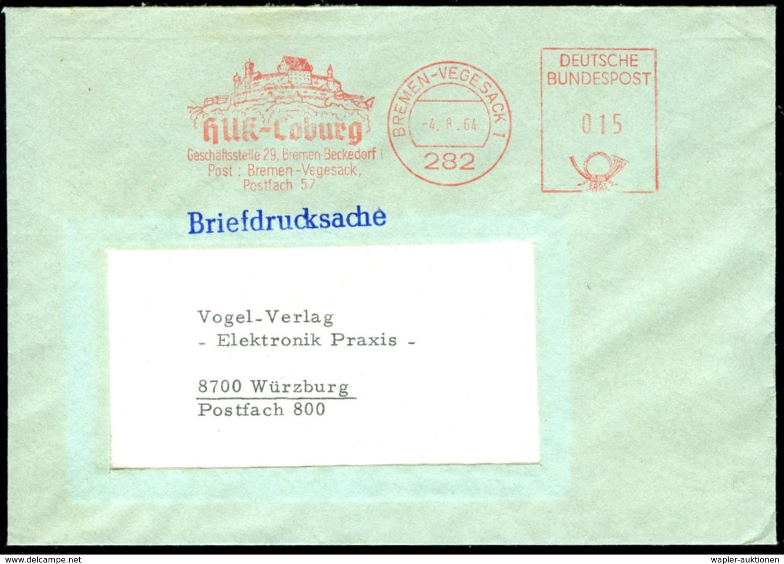 1964 282 BREMEN-VEGESACK, Absender-Freistempel HUK-Coburg = Veste Coburg (Lutherstätte), Firmenbrief - Martin Luther & R - Other & Unclassified