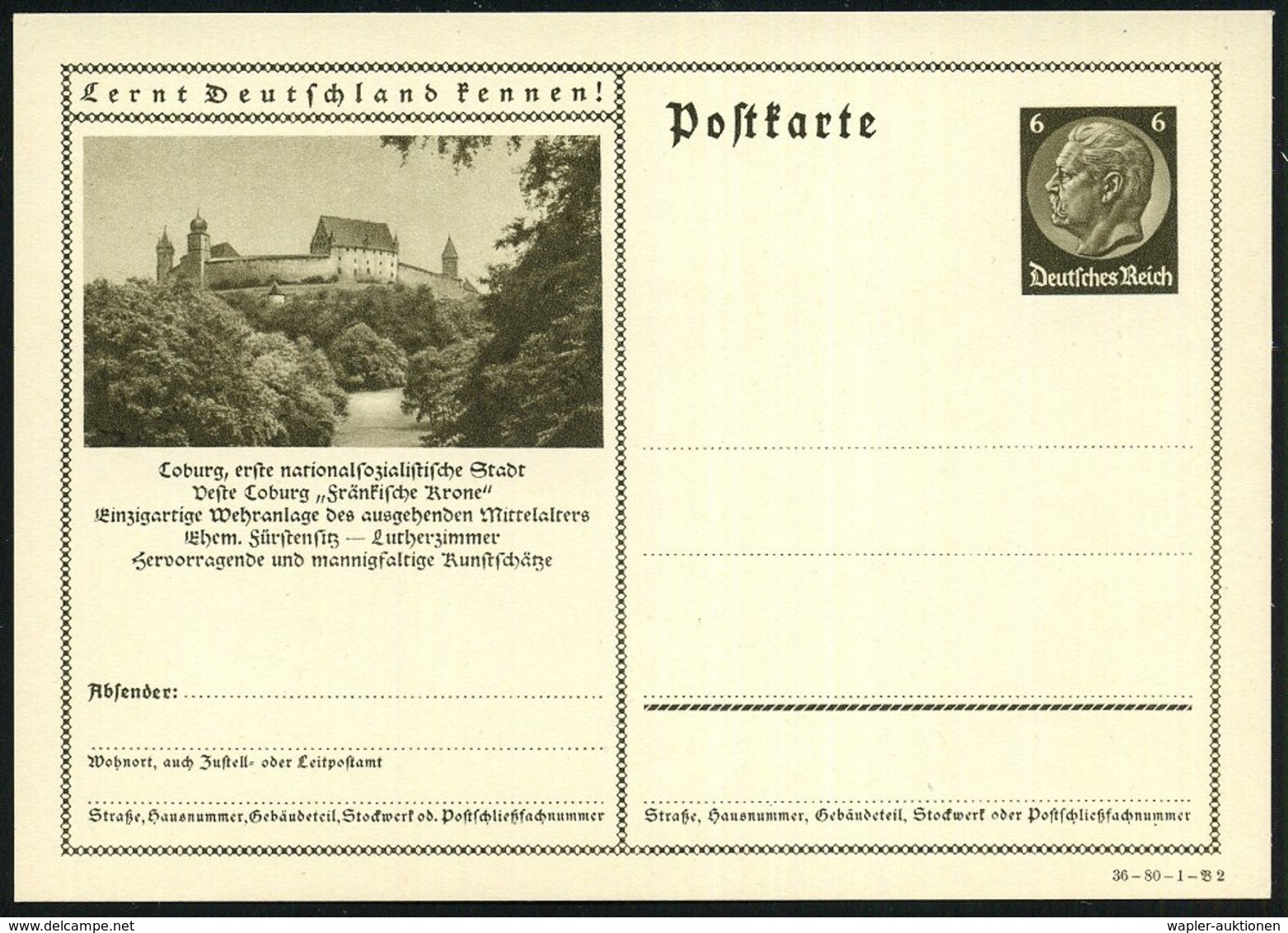1936 COBURG, 6 Pf. Bildganzsache Hindenbg.: Veste Coburg (mit Lutherzimmer), Ungebr. (Mi.P 236/36-80-1-Bild 2) - Martin  - Other & Unclassified