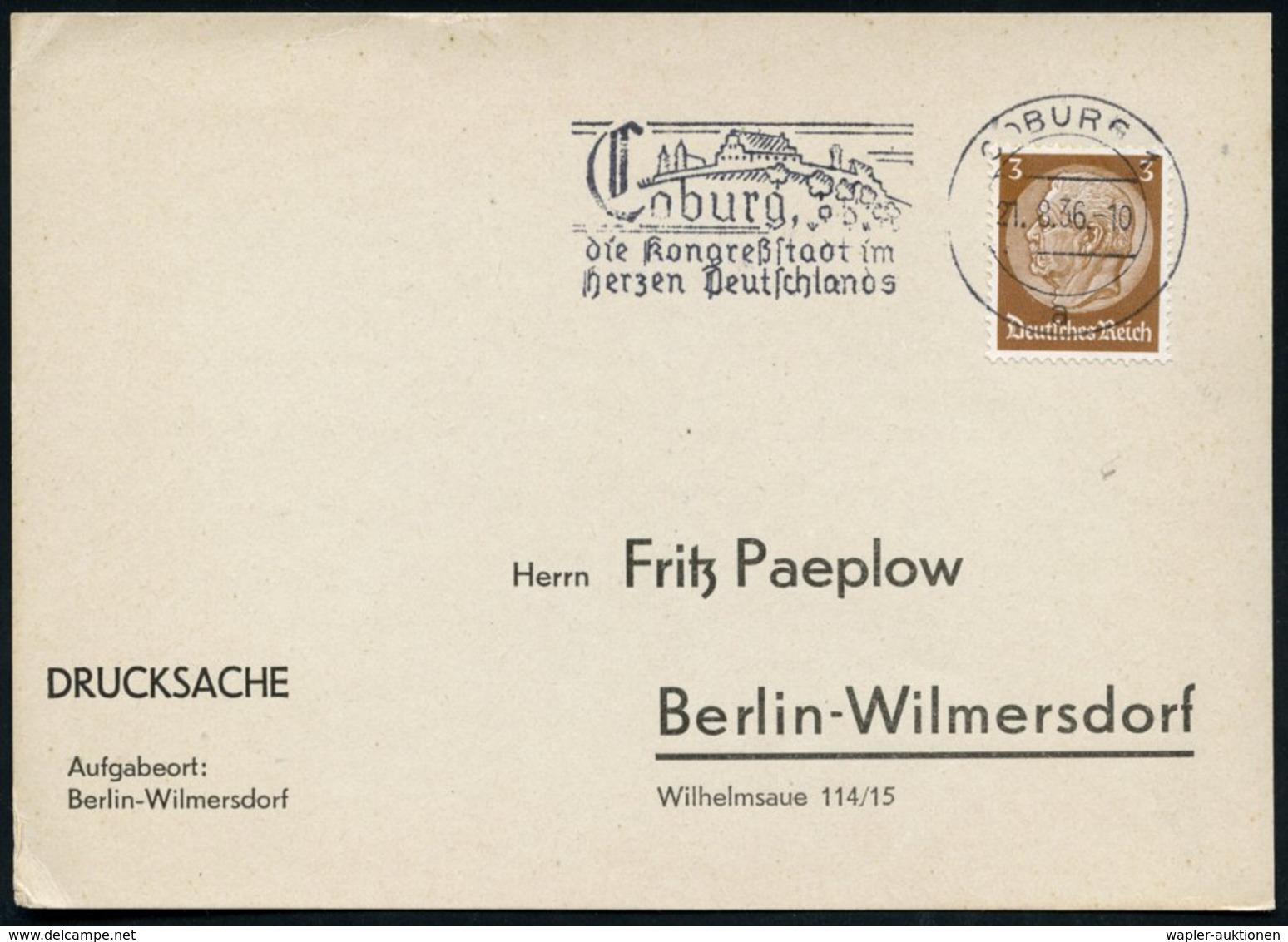 1936 (21.8.) COBURG 1, Maschinen-Werbestempel "Coburg Kongreßstadt" = Veste Coburg, Inl.-Karte (Bo.6 , Nur 1936-37 Verwe - Other & Unclassified