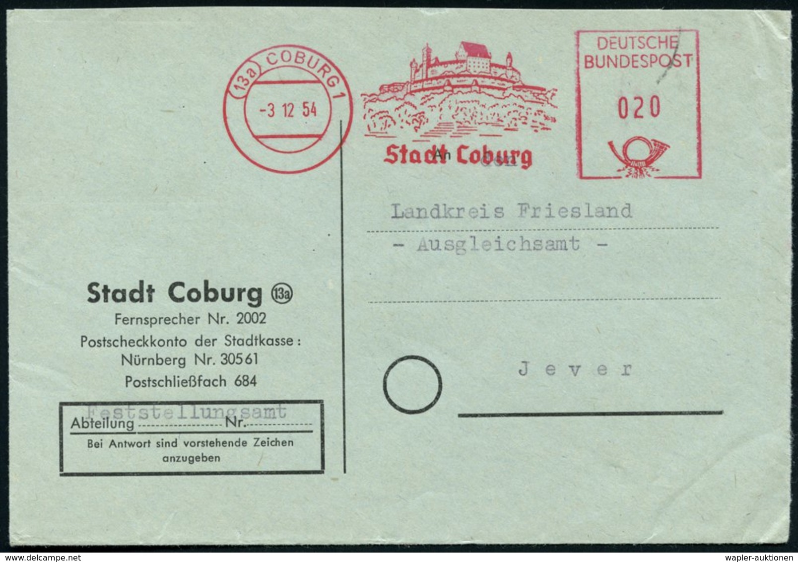 1954 (13 A) COBURG 1, Kommunaler Absender-Freistempel = Veste Coburg, Kommunalbrief - Martin Luther & Reformation / Refo - Other & Unclassified