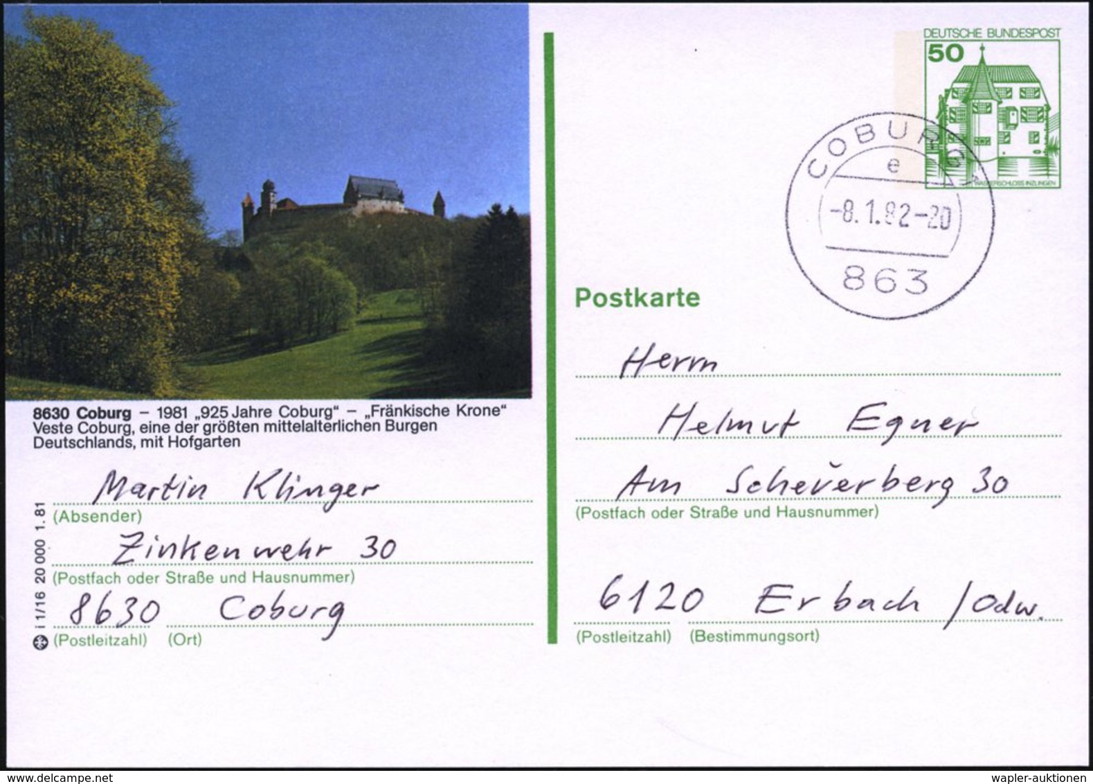 1982 (8.1.) 8630 COBURG1, 50 Pf. Bildganzsache Burgen: Veste Coburg (925 Jahre Coburg) + Ortsgleicher Tagesstempel!, Inl - Other & Unclassified