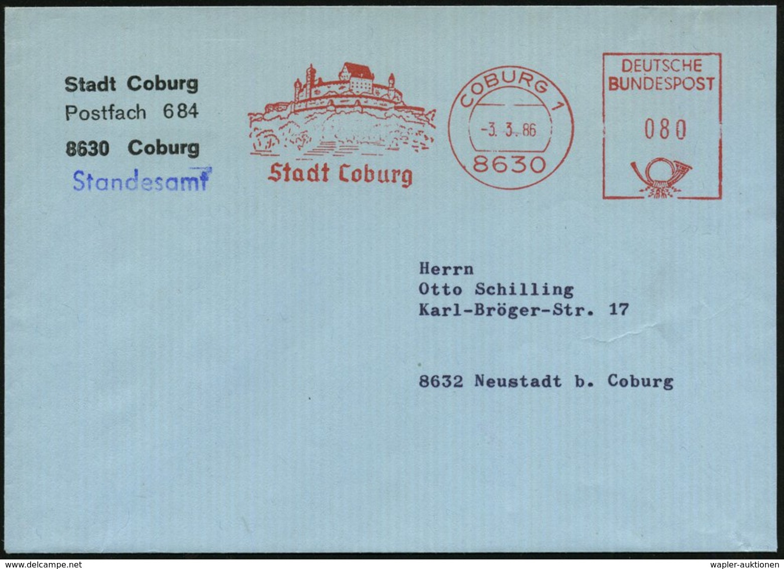 1986 8630 COBURG 1, Kommunaler Absender-Freistempel = Veste Coburg (Lutherstätte), Kommunalbrief Standesamt - Martin Lut - Other & Unclassified