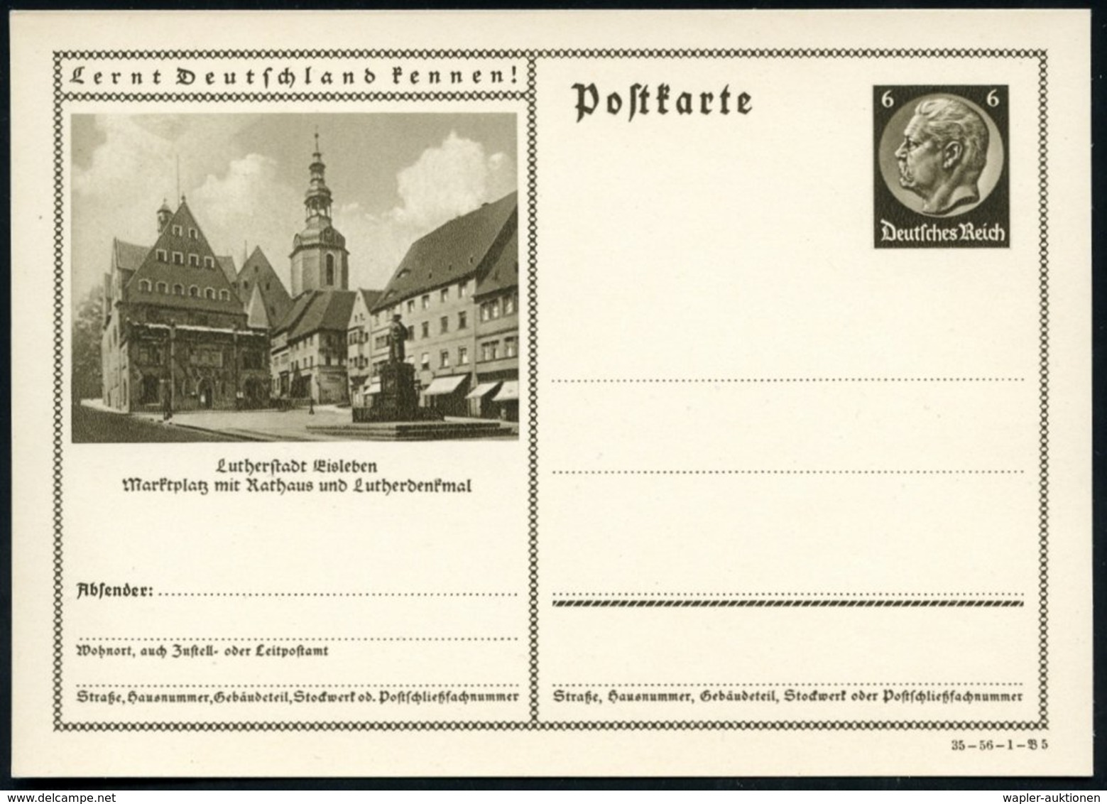 1935 Eisleben Lutherstadt, 6 Pf. Bildganzsache Hindenbg.: Marktplatz Mit Luther-Denkmal, Ungebr. (Mi.P 236/35-56-1-Bild  - Otros & Sin Clasificación