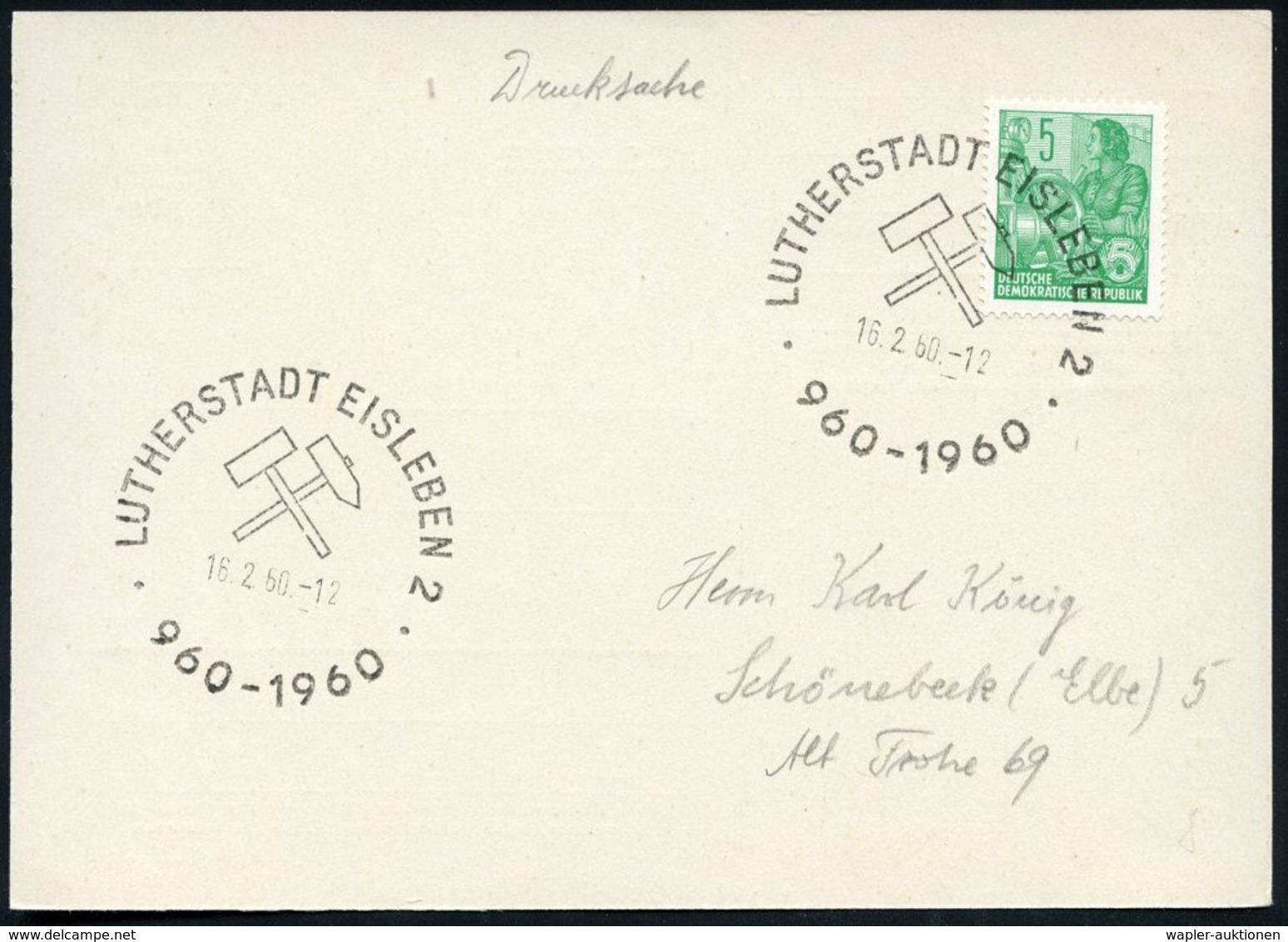 1960 EISELEBEN LUTHERSTADT 2, Jubiläums-Handwerbestempel (Bergbau-Werkzeuge), Inl.-Karte (Bo.8) - Martin Luther & Reform - Other & Unclassified