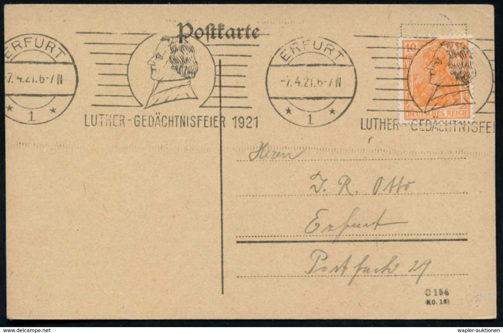 1921 (7.4.) ERFURT 1, Band-Maschinen-Werbestempel LUTHER GEDÄCHTNISFEIER (Profilkopf Luther), Orts-Drs.-Karte (Bo.3 Bd.) - Other & Unclassified