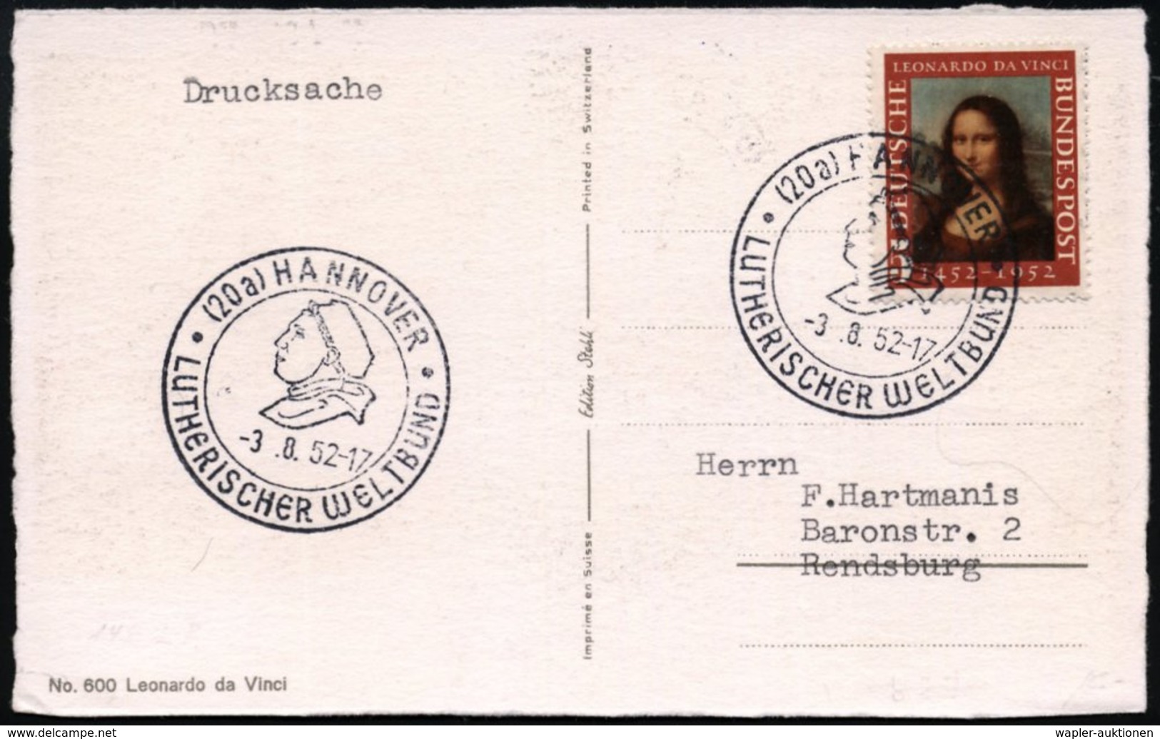 1952 (3.8.) (20 A) HANNOVER, Sonderstempel LUTHERISCHER WELTBUND Auf EF 5 Pf. Mona Lisa (Mi.148 EF + 15.- ?), Color-Ak.: - Other & Unclassified