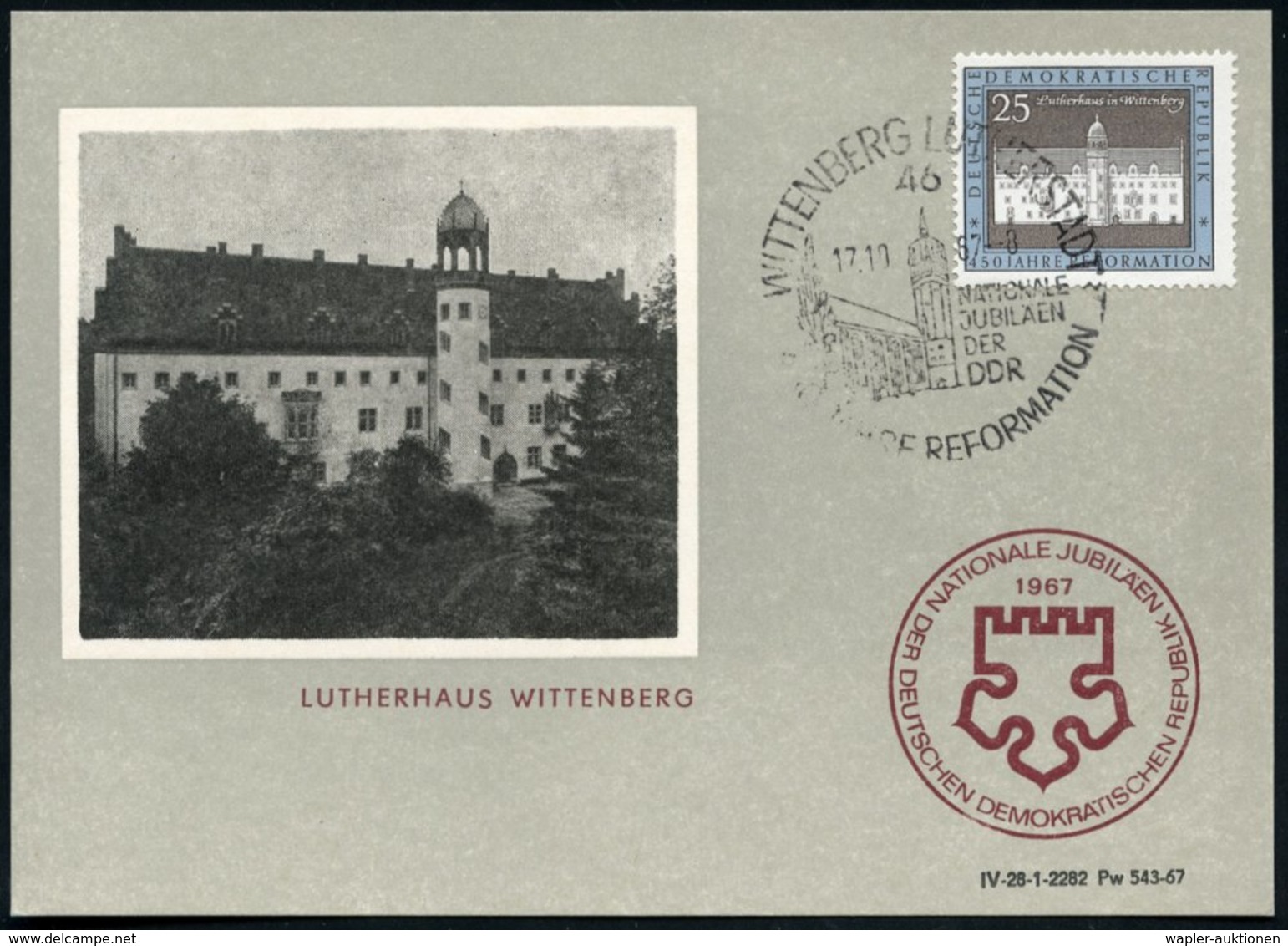 1967 46 WITTENBERG LUTHERSTADT, 25 Pf. Lutherhaus + Passender Sonderstempel "450 Jahre Reformation", Maximumkarte (Mi.13 - Sonstige & Ohne Zuordnung