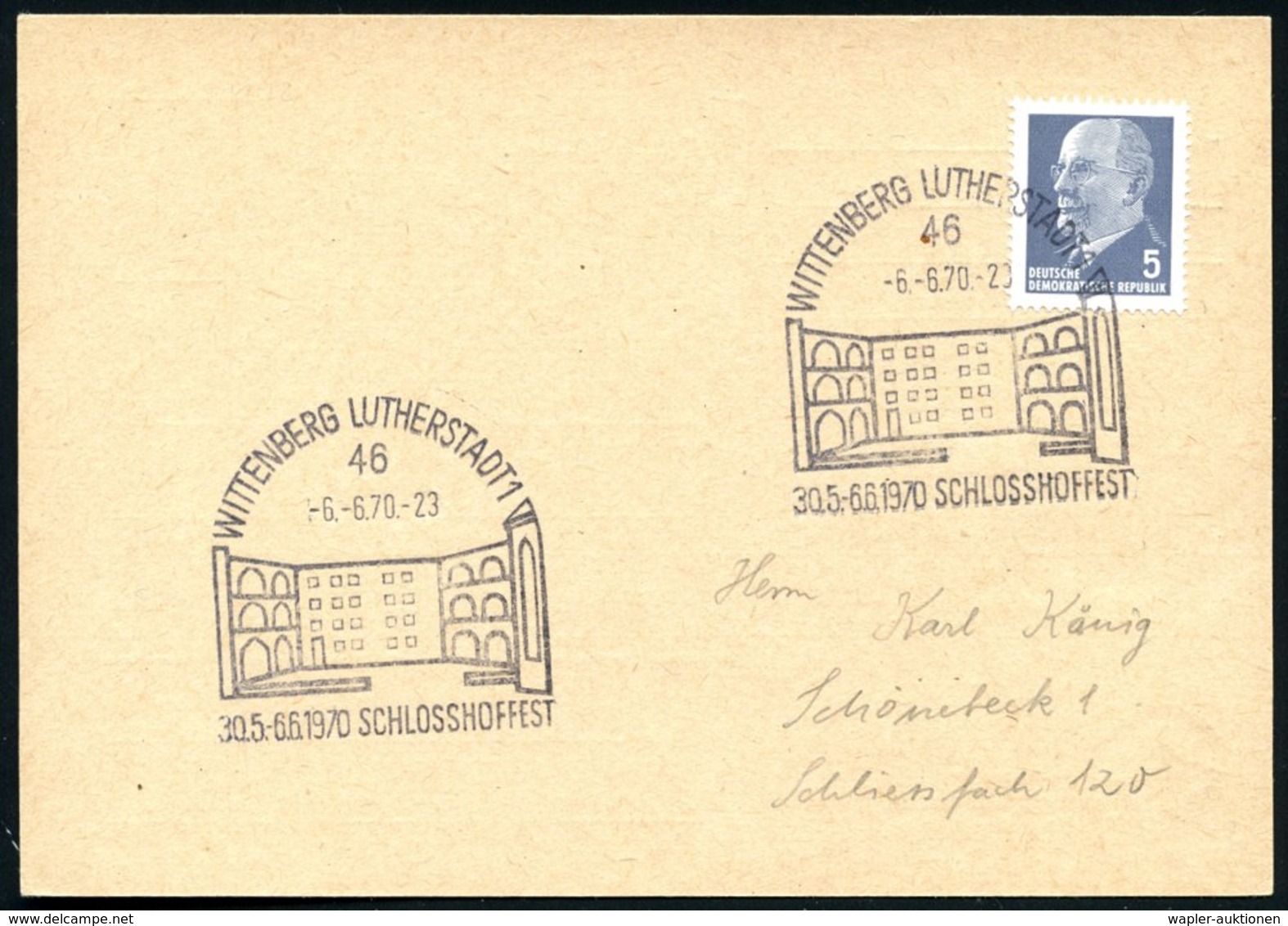 1970 (6.6.) 46 WITTENBERG LUTHERSTADT, Sonderstempel SCHLOSSHOFFEST, Inl.-Karte - Martin Luther & Reformation / Reformat - Autres & Non Classés