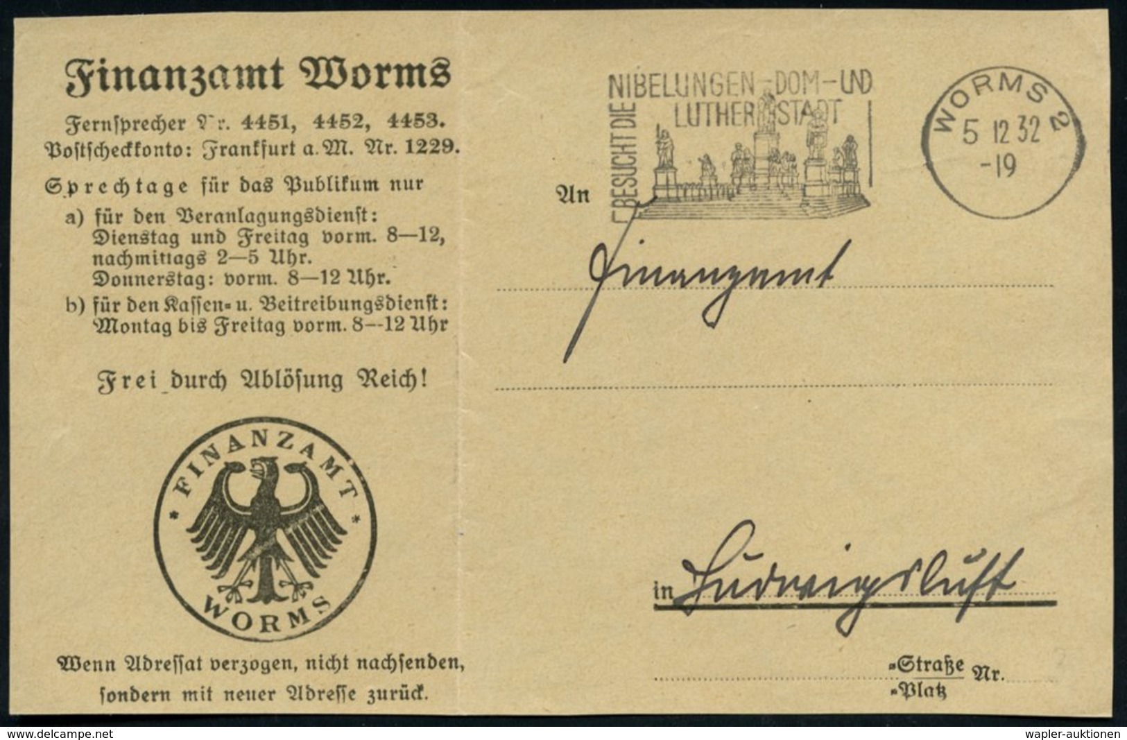 1932 (5.12.) WORMS 2, Maschinen-Werbestempel "Nibelungen U. Lutherstadt" Mit Luther-Denkmal Auf Markenloser Dienst-Vorde - Other & Unclassified