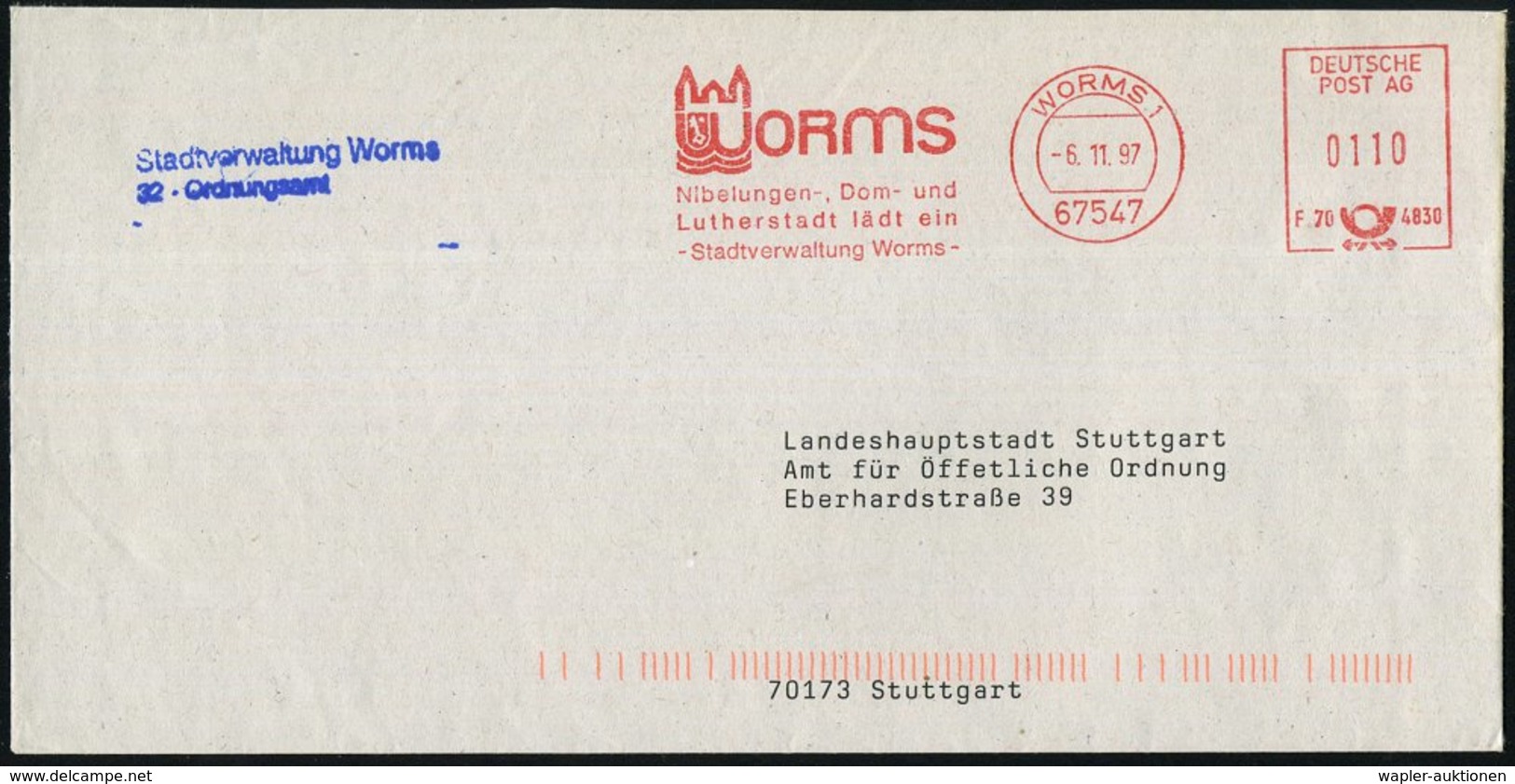 1993 6520 WORMS 1, Kommunaler Absender-Freistempel "Nibelungen-, Dom- U. Lutherstadt", Kommunalbrief - Martin Luther & R - Other & Unclassified