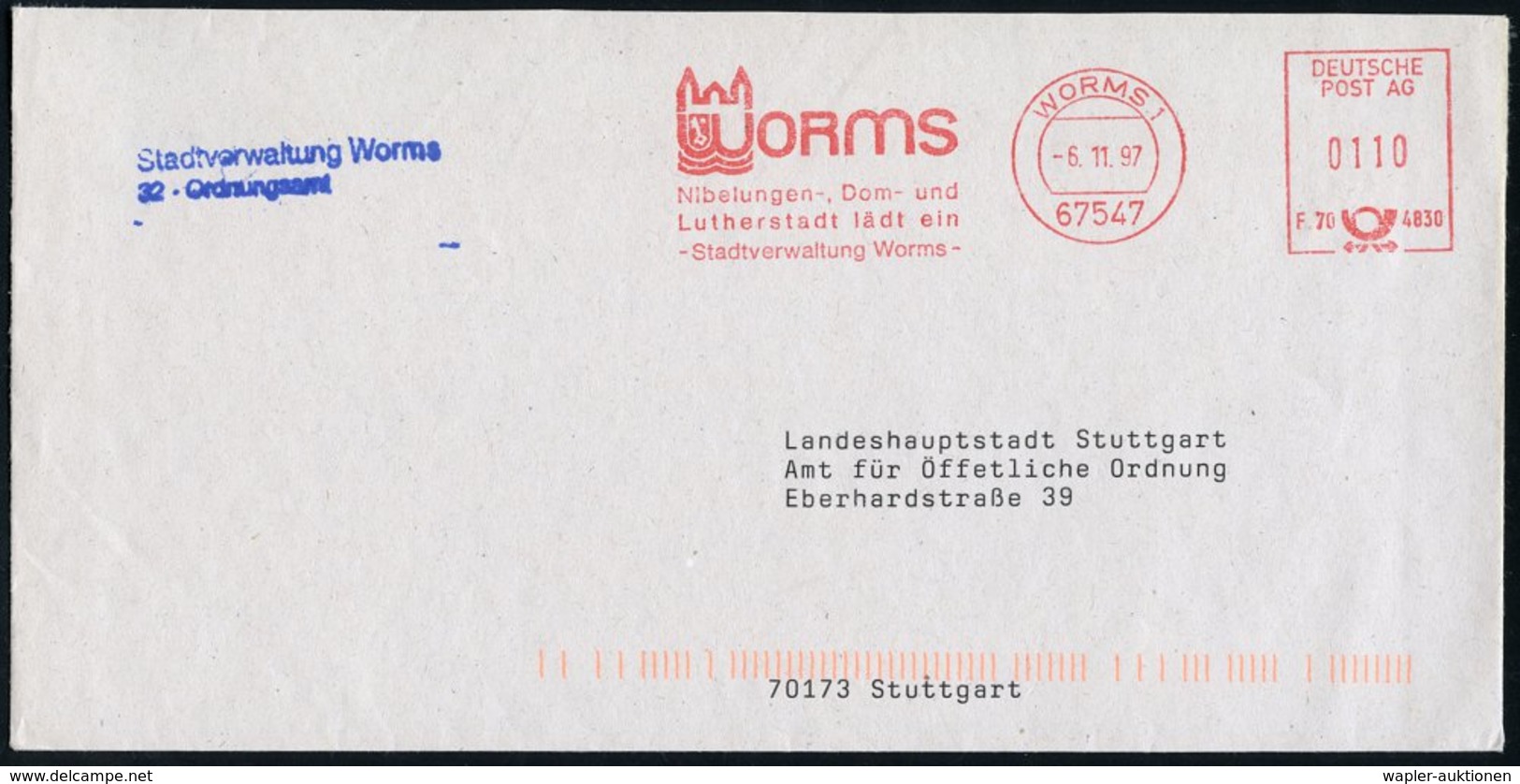 1997 (6.11.) 67547 WORMS 1, Kommunaler Absender-Freistempel "Nibelungen-, Dom- U. Lutherstadt" Mit Neuer PLZ, Kommunalbr - Other & Unclassified