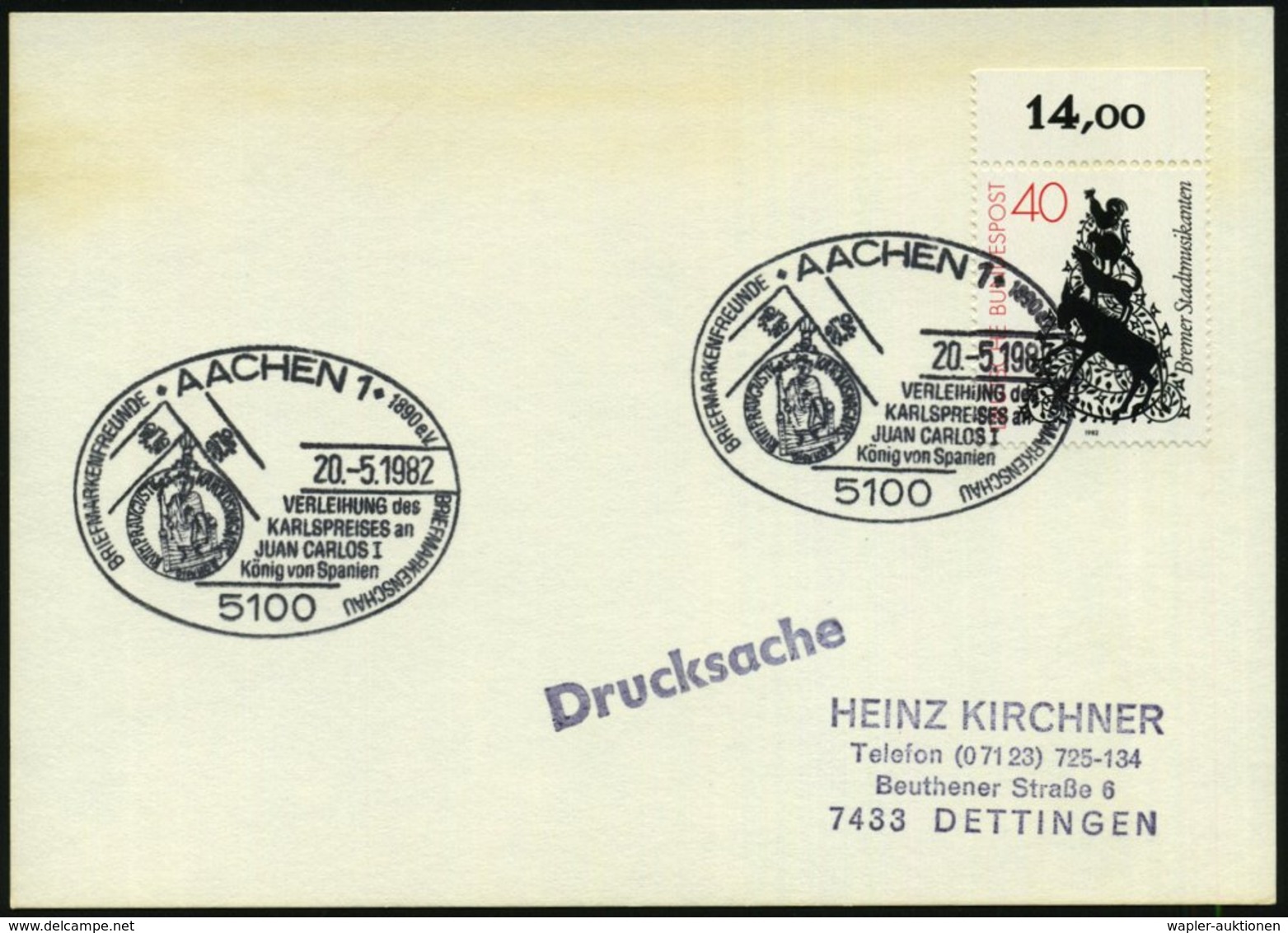 1982 (20.5.) 5100 AACHEN 1, Sonderstempel: Verleihung Des Karlspreises = Medaillon Mit Karl Dem Großen, Inl.-Karte (Bo.1 - Other & Unclassified