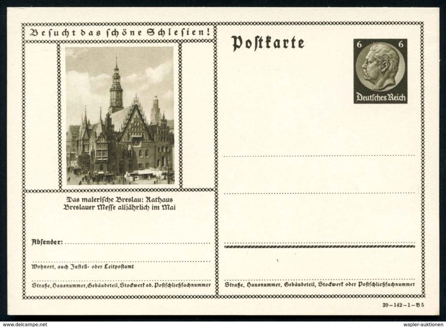1939 Breslau, 6 Pf. Bildganzsache Hindenbg.: Gotisches Rathaus, Ungebr. (Mi.P 236/39-142-1-Bild 5) - Mittelalter / Middl - Other & Unclassified