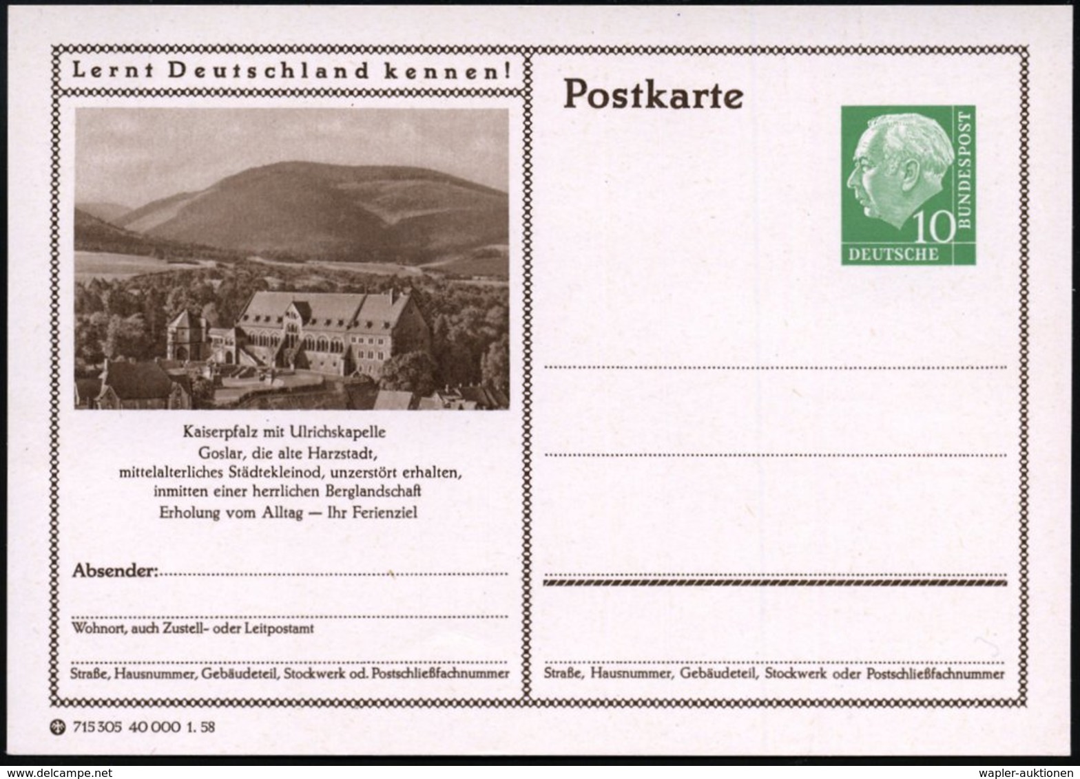 1958 Goslar, 10 Pf. Bildganzsache Heuss I: Kaiserpfalz Mit Ulrichs-Kapelle, (Mi.P 24/308) - Mittelalter / Middle Age / M - Other & Unclassified