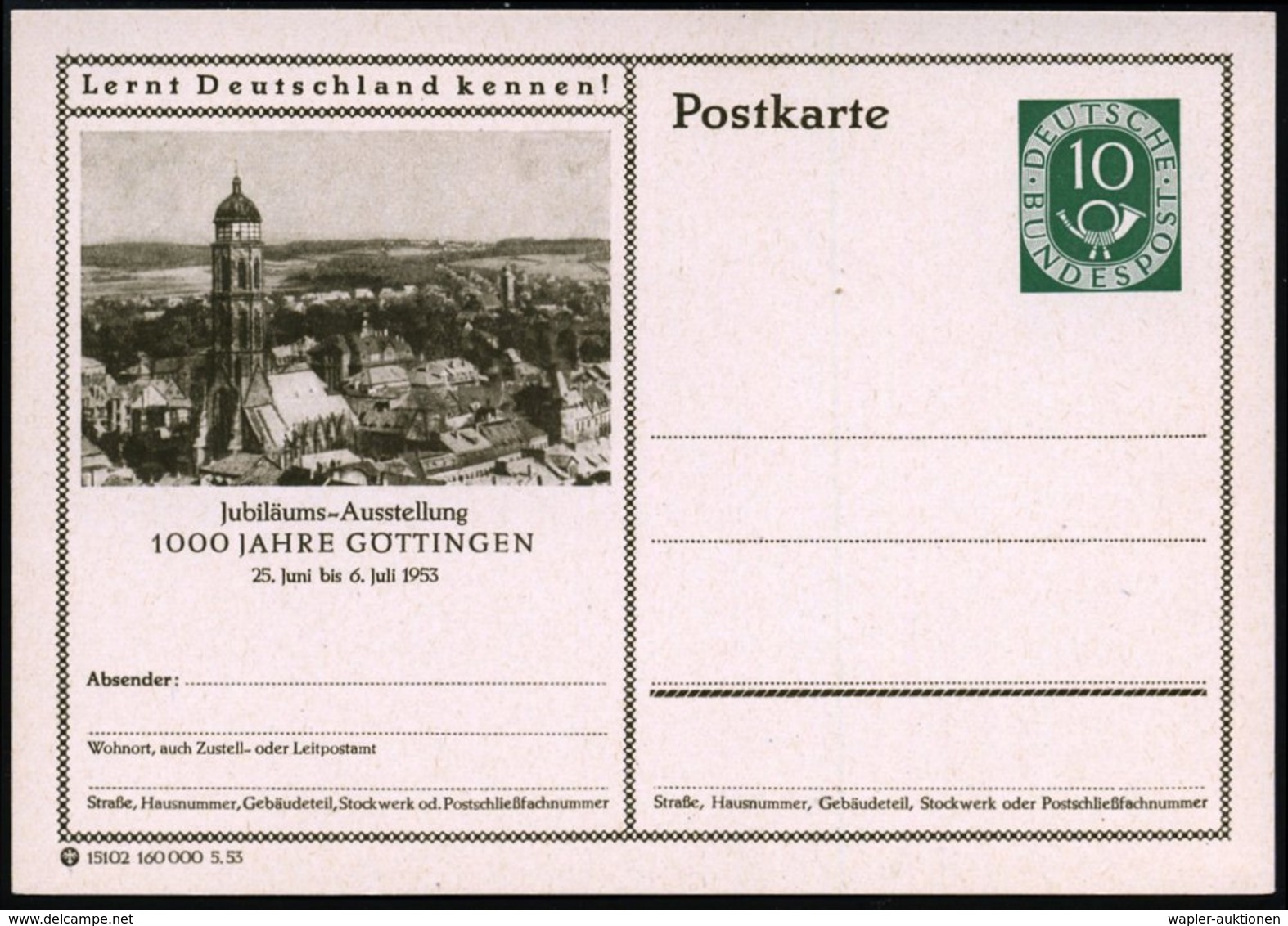 1953 Göttingen, 1ß Pf. Bildganzsache Posthorn: 1000 JAHRE GÖTTINGEN (St. Jacobi-Kirche Mit Orgel Von Paul Ott), Ungebr.  - Otros & Sin Clasificación