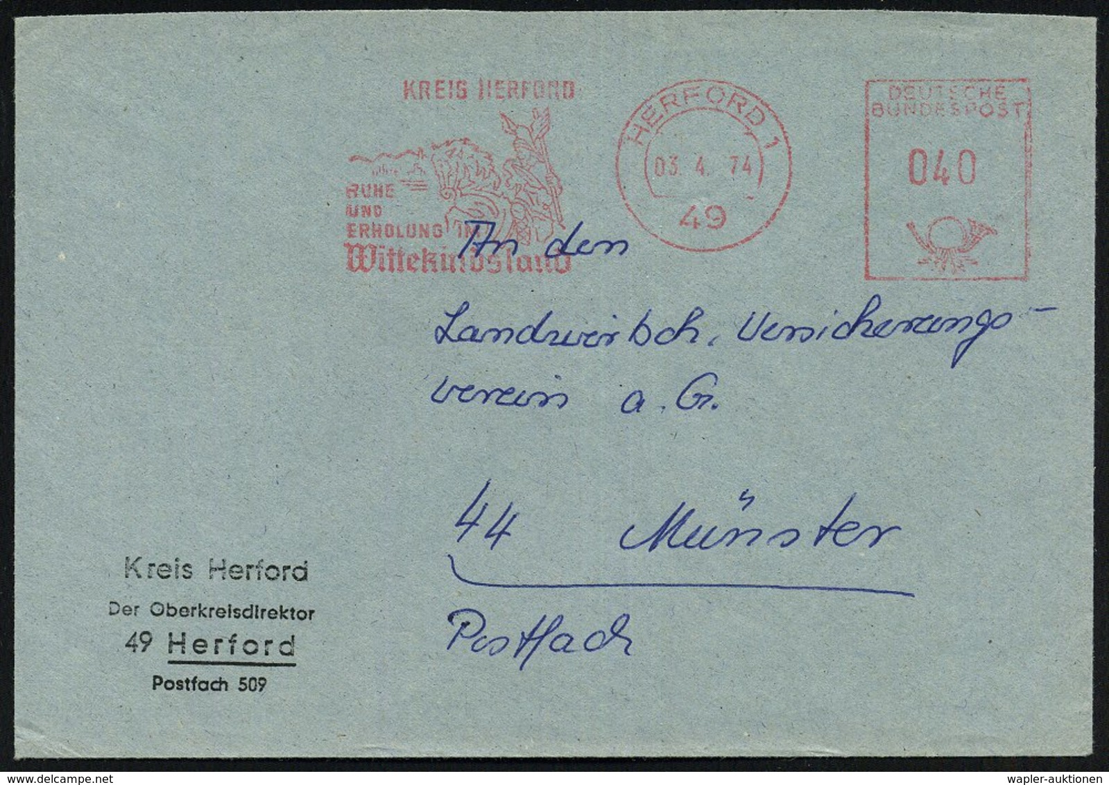 1974 49 HERFORD 1, Kommunaler Absender-Freistempel Mit Wittekind (Widukind Zu Pferd), Fernbrief - Mittelalter / Middle A - Other & Unclassified