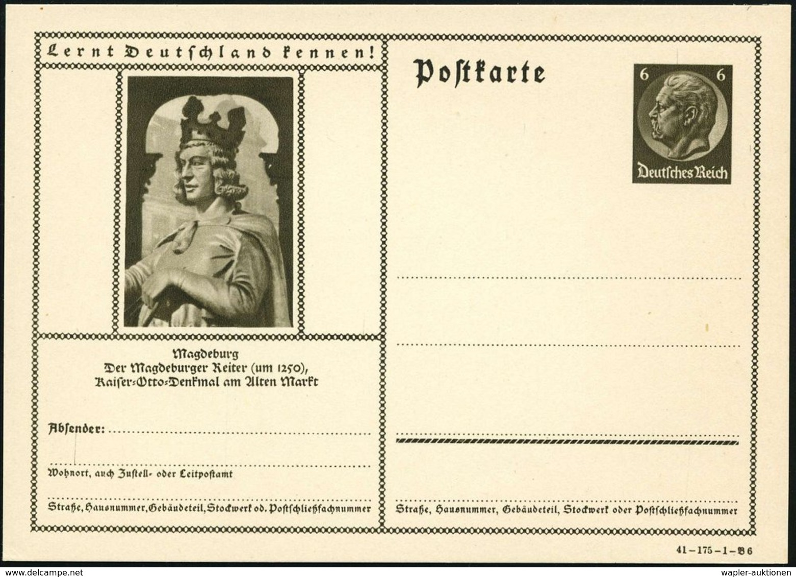 1941 Magdeburg, 6 Pf. Bildganzsache Hindenbg.: Der Magdeburger Reiter (um 1250) = Kaiser Otto I., Ungebr. (Mi.P 236/41-1 - Altri & Non Classificati