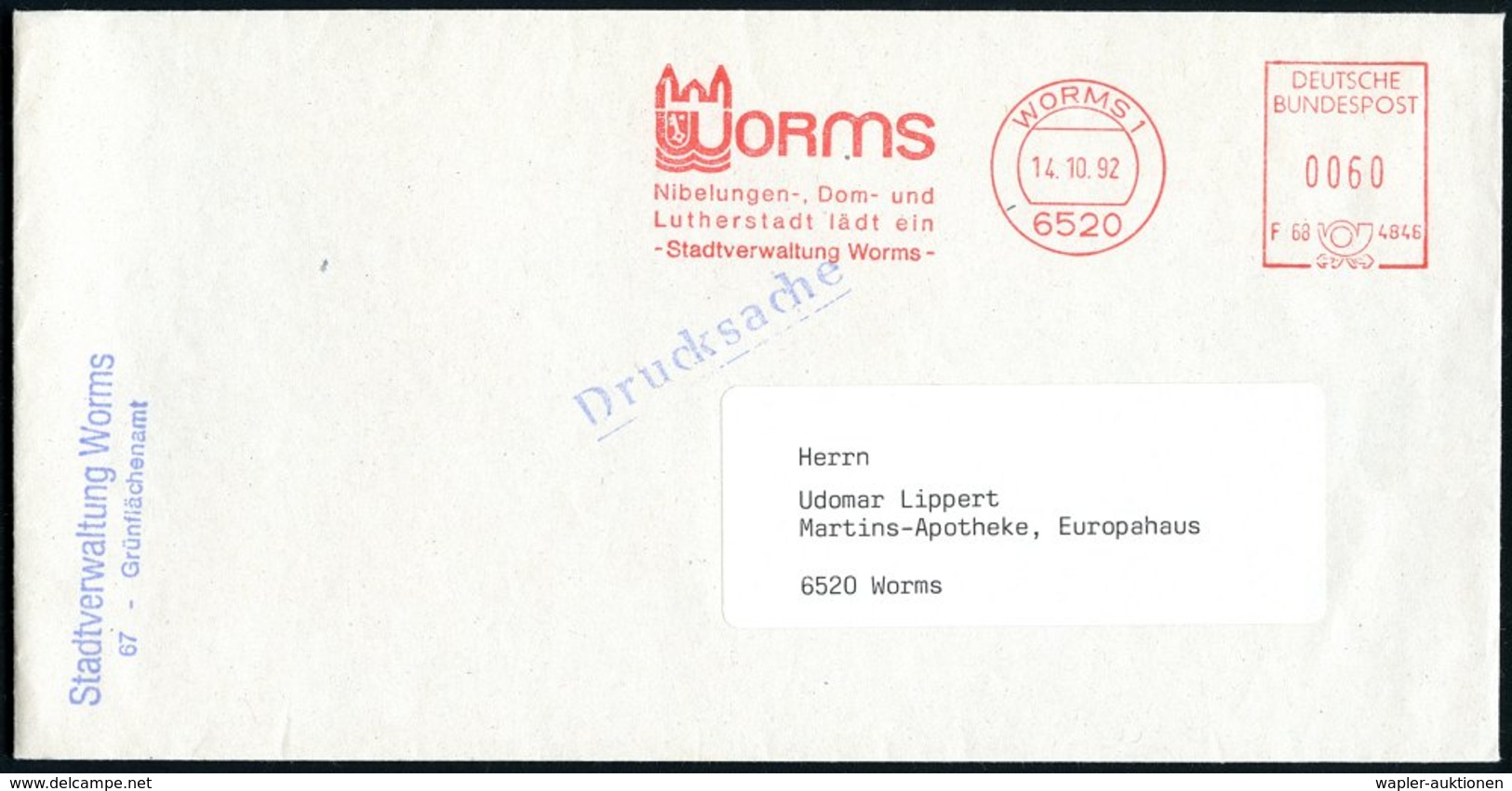 1992 6520 WORMS 1, Kommunaler Absender-Freistempel Nibelungen-, Dom- U.Lutherstadt, Kommunalbrief - Mittelalter / Middle - Autres & Non Classés