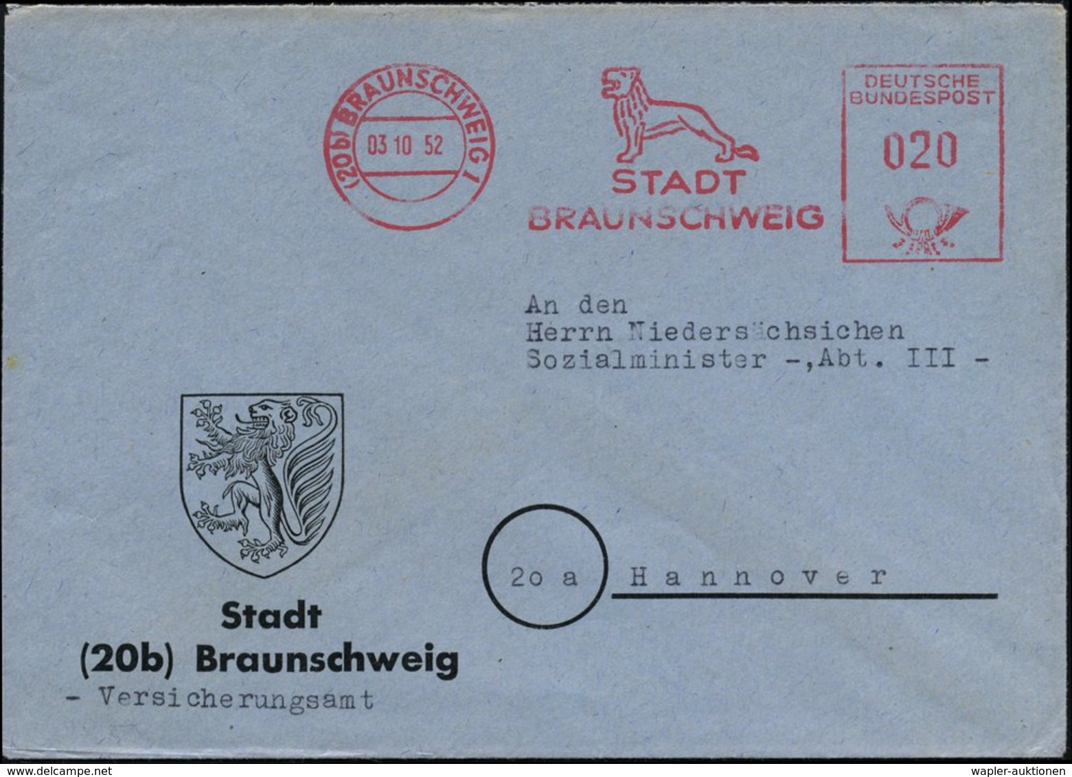 1952 (20 B) BRAUNSCHWEIG 1, Kommunaler Absender-Freistempel (Löwe) Auf Passendem Kommunalbrief Mit Löwen-Wappen - Heinri - Other & Unclassified