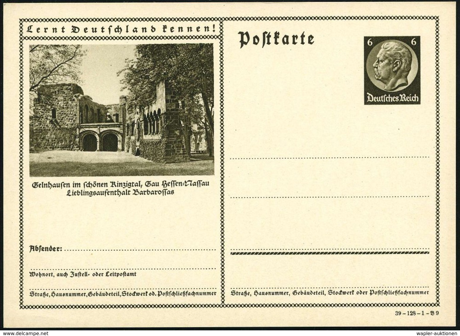 1939 Gelnhausen, 6 Pf. Bildganzsache Hindenbg.: Kaiserpfalz Barbarossas, Ungebr. (Mi.P 236/39-128-1-Bild 9) - Heinrich D - Other & Unclassified