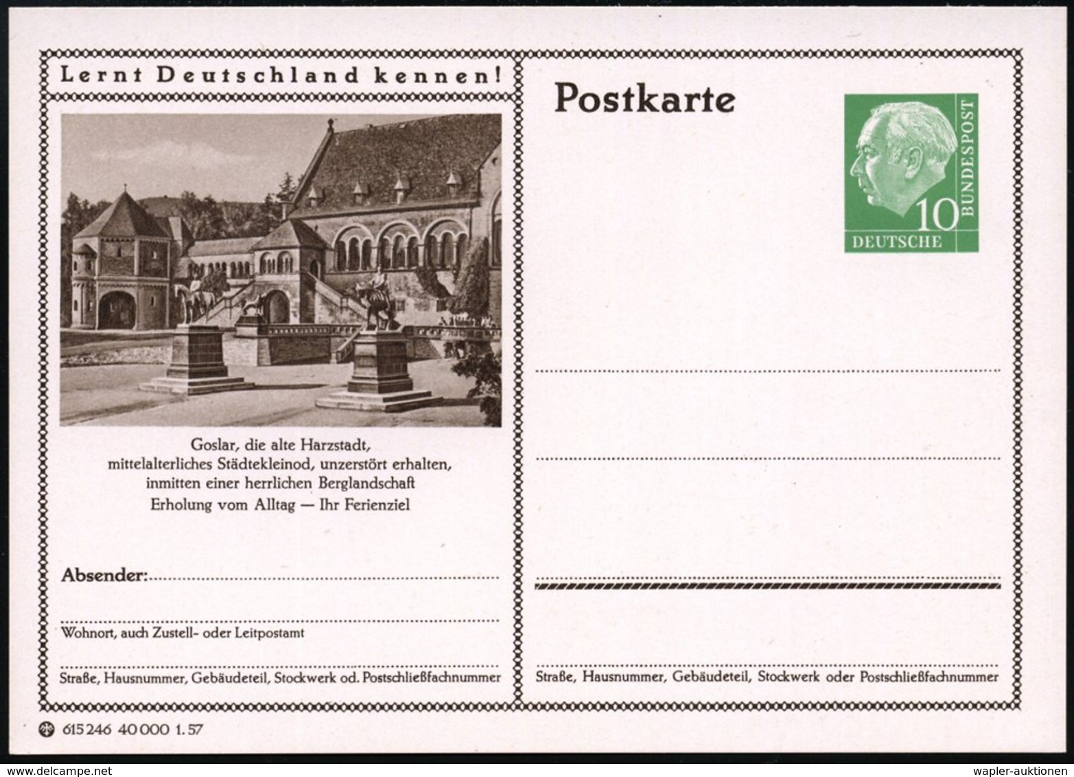 1957 Goslar, 10 Pf. Bildganzsache Heuss I: Kaiserpfalz, Reiterstandbild Barbarossa U. Kaiser Wilhelm I., Ungebr. (Mi.P 2 - Other & Unclassified