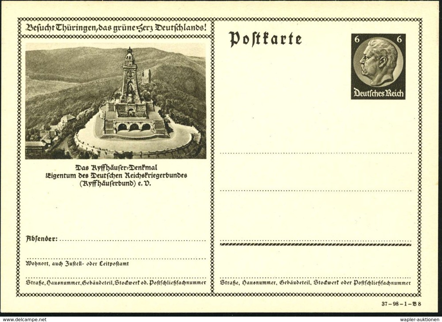 1938 Kyffhäuser, 6 Pf. Bildganzsache Hindenbg., Sonderform "Besucht Thüringen..!": Kyffhäuser-Denkmal (Barbarossa-Gedens - Other & Unclassified